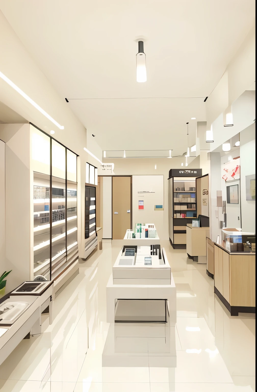 There is an optical shop,black background,There is a long counter and a refrigerator inside., exhibit厅场景, from me, Modern look, High-detail storage, 3D ios room photos, Image Pharmacist, author:Matsumoto Daiyo, author:Zhang Chengye, exhibit, author:Shen Zhezi, Stylish design, surreal, Official store photos
