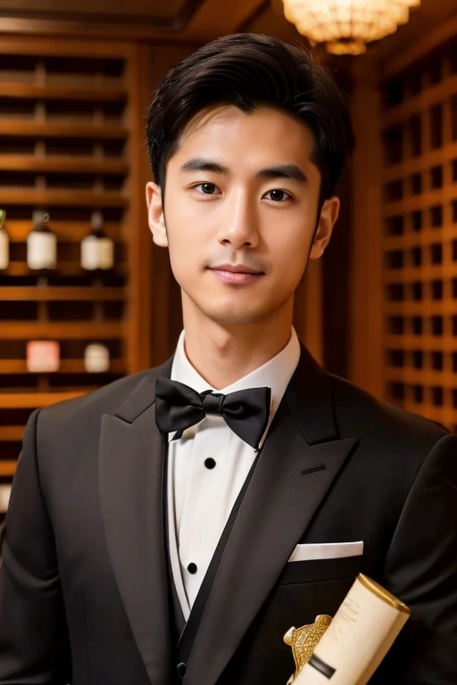 Gorgeous Japanese man in tuxedo ,sommelier, Neat short black hair, sexy male supervisor, black suit, sommelier badge shining on chest, Wine cellar in the background