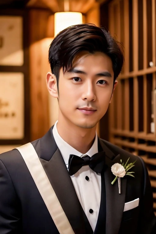 Gorgeous Japanese man in tuxedo ,sommelier, Neat short black hair, sexy male supervisor, black suit, sommelier badge shining on chest, Wine cellar in the background