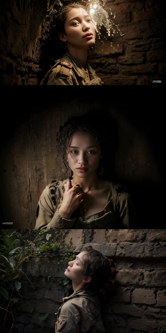 8K，Ultra-high-definition photos, Busty female soldiers in the trenches, dark:1.1, Muddy terrain, Rainy and humid, masterpiece, (Mandy Jurgens&#39; style:1.0), best quality, Very detailed, (ambient occlusion), (backlight)), (highest quality fabric texture), membranous, (surreal , Rainy days, atmosphere ,Soft accent light, Gorgeous Rembrandt style lighting, (Rembrandt Patch)), (highest quality wet fabric texture)，Super detailed(Super fine ), lifelike, Very detailed(Very detailed) , meticulous, (The highest detail water drops are realistic)○○ 解析度 – ○○ 解析度超high resolution(high resolution)
