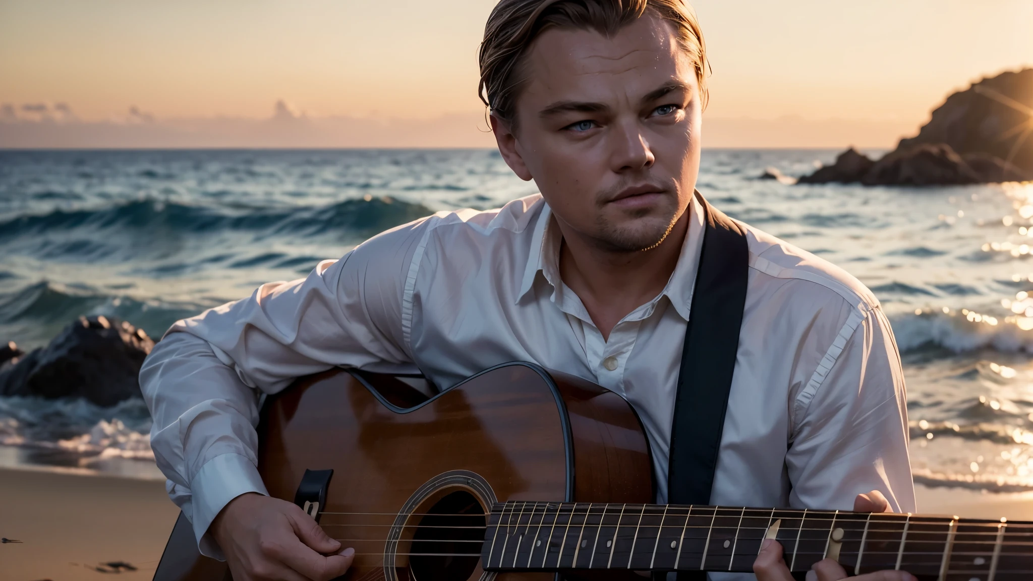 ((best quality)), ((masterpiece)),(detail), perfect face, full body shot of old man Leonardo DiCaprio playing guitar with sunrise over the sea, wearing ancient formal clothes classic, romantic style, retro vintage and romanticism, bokeh background, hyper-realistic photos, 8k , ultra high resolution, sharp faces