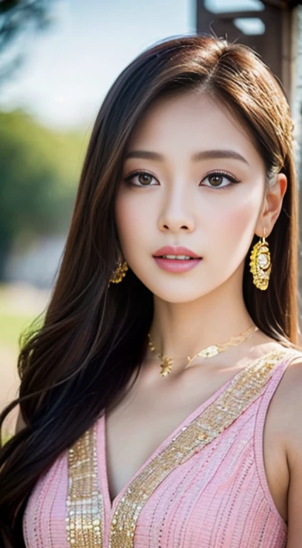 Portrait of a Beautiful Asian Woman in Pink and Sky Blue Attire. In this portrait photograph, we see a stunning Asian woman adorned in a pink shirt with intricate embroidery, complemented by a sky blue dress that accentuates her pure and elegant style. Her long hair cascades gracefully, framing her delicately made-up face, adorned with modern jewelry featuring gold and gem accents. Her eyes are captivatingly detailed, with a lovely smile gracing her sensuous lips, enhanced by a delicate blush and fragrant lipstick. The overall image exudes femininity, with the woman's flawless skin and intricate facial features highlighted by a subtle metallic sheen. Despite the detailed focus on her, the city backdrop behind her is blurred, enhancing the dreamy and luxurious atmosphere created by soft lighting and vivid colors. Soft sunlight and a gentle breeze add to the enchanting ambiance, resulting in a portrait that feels surreal and almost magical. Captured in super high quality and 8K resolution, this portrait is a masterpiece of professional cinematic lighting, with a striking interplay of black and gold accents. The attention to detail is extraordinary, making it a truly mesmerizing depiction of feminine beauty and elegance.