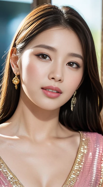 Portrait of a Beautiful Asian Woman in Pink and Sky Blue Attire. In this portrait photograph, we see a stunning Asian woman adorned in a pink shirt with intricate embroidery, complemented by a sky blue dress that accentuates her pure and elegant style. Her long hair cascades gracefully, framing her delicately made-up face, adorned with modern jewelry featuring gold and gem accents. Her eyes are captivatingly detailed, with a lovely smile gracing her sensuous lips, enhanced by a delicate blush and fragrant lipstick. The overall image exudes femininity, with the woman's flawless skin and intricate facial features highlighted by a subtle metallic sheen. Despite the detailed focus on her, the city backdrop behind her is blurred, enhancing the dreamy and luxurious atmosphere created by soft lighting and vivid colors. Soft sunlight and a gentle breeze add to the enchanting ambiance, resulting in a portrait that feels surreal and almost magical. Captured in super high quality and 8K resolution, this portrait is a masterpiece of professional cinematic lighting, with a striking interplay of black and gold accents. The attention to detail is extraordinary, making it a truly mesmerizing depiction of feminine beauty and elegance.