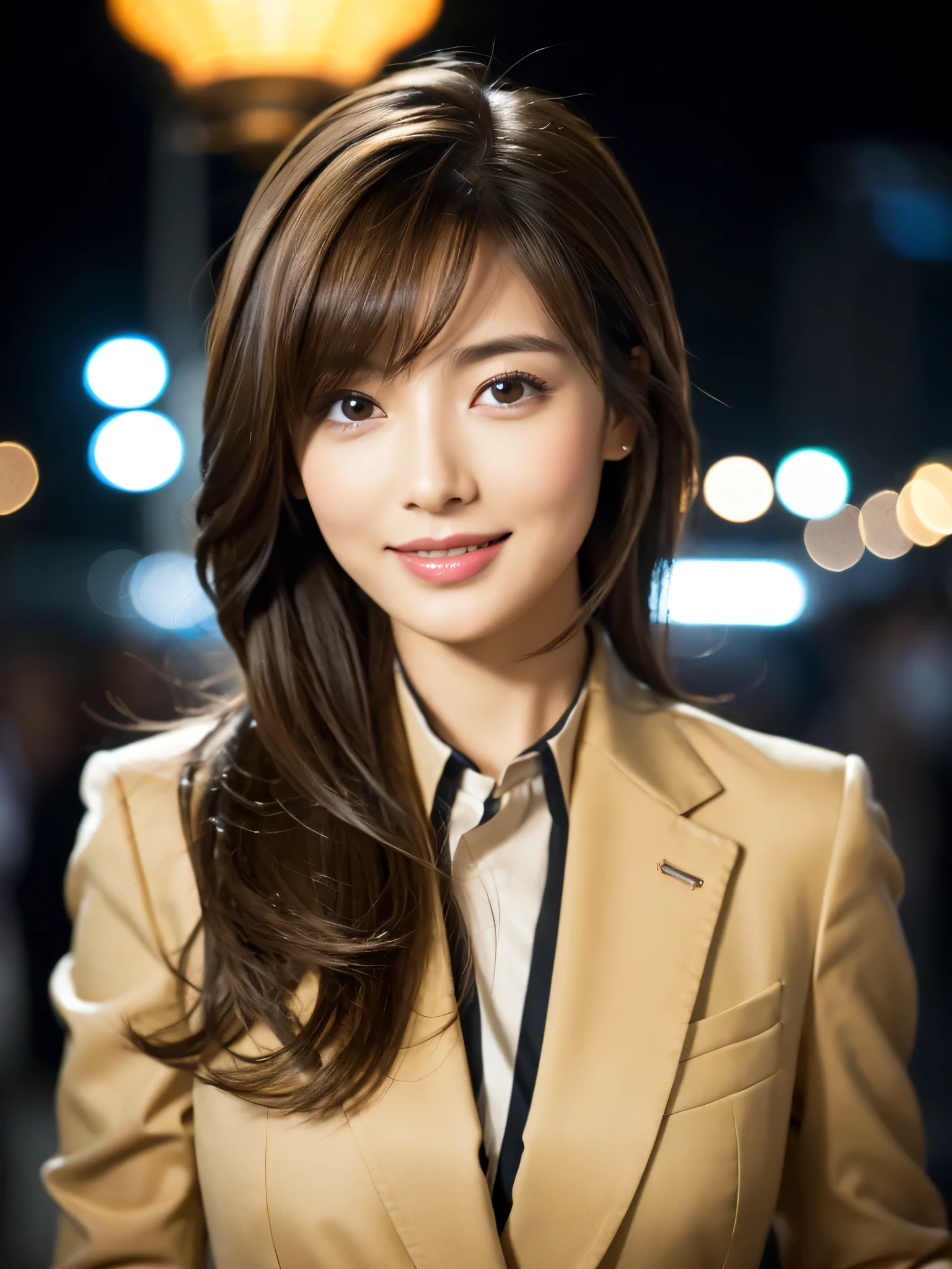 table top、highest quality、genuine、Super detailed、finely、High resolution、8k wallpaper、one beautiful woman、、、light brown disheveled hair、wearing a business suit、sharp focus、perfect dynamic composition、beautiful and detailed eyes、thin hair、Detailed genuine skin texture、smile、close-up portrait、model body shape、In Kyoto at night