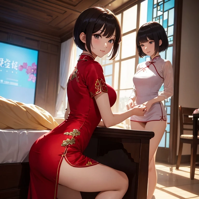 pair, romantic, 1 man wearing a red cheongsam, 1 girl comes in, (((short hair))), bright cheongsam, Longer dress up、(Masterpiece, Highest quality, Law near and far), beautiful expression, 8k, raw photos, do not have, Virtual image, Film pellets, Chromatic aberration, high resolution, very detailed, exquisite details, dynamic light, incredible light、shadow、ดวงตาและใบหน้าที่very detailed、round student、Beautiful legs、Beautiful feet、stand、luxurious rooms, big breasts, Beautiful butt,