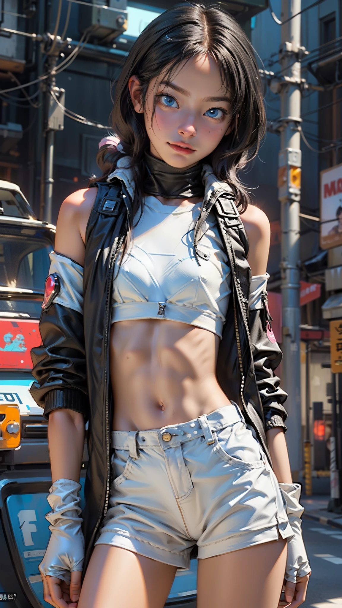 (La Best quality, A high resolution), (ultra detail), (1.  Mkella), (1 beautiful girl), (white underwear, with medium straight hair, Street clothes, in a white miniskirt with pleats and ears, blue sweatshirt , on a naked body).(written on the chest &#39;Future funk&#39). (amidst a vibrant futuristic cityscape, illuminated by neon lights). (More than 8K.motor surreal:1.4,HD,La Best quality:1.4, Photorealistic:1.4, skin texture:1.4, masterpiece:1.8,masterpiece, Best quality,Объект Object).(detailed facial features:1.3) ,(Correct proportions),(Beautiful blue eyes:1.4), (Cowboy pose), (more details:1.4), ,(Cyberpunk 2.1), (kawaii style: 1.4); , (ice element:1.4),(white underwear:V2.1)