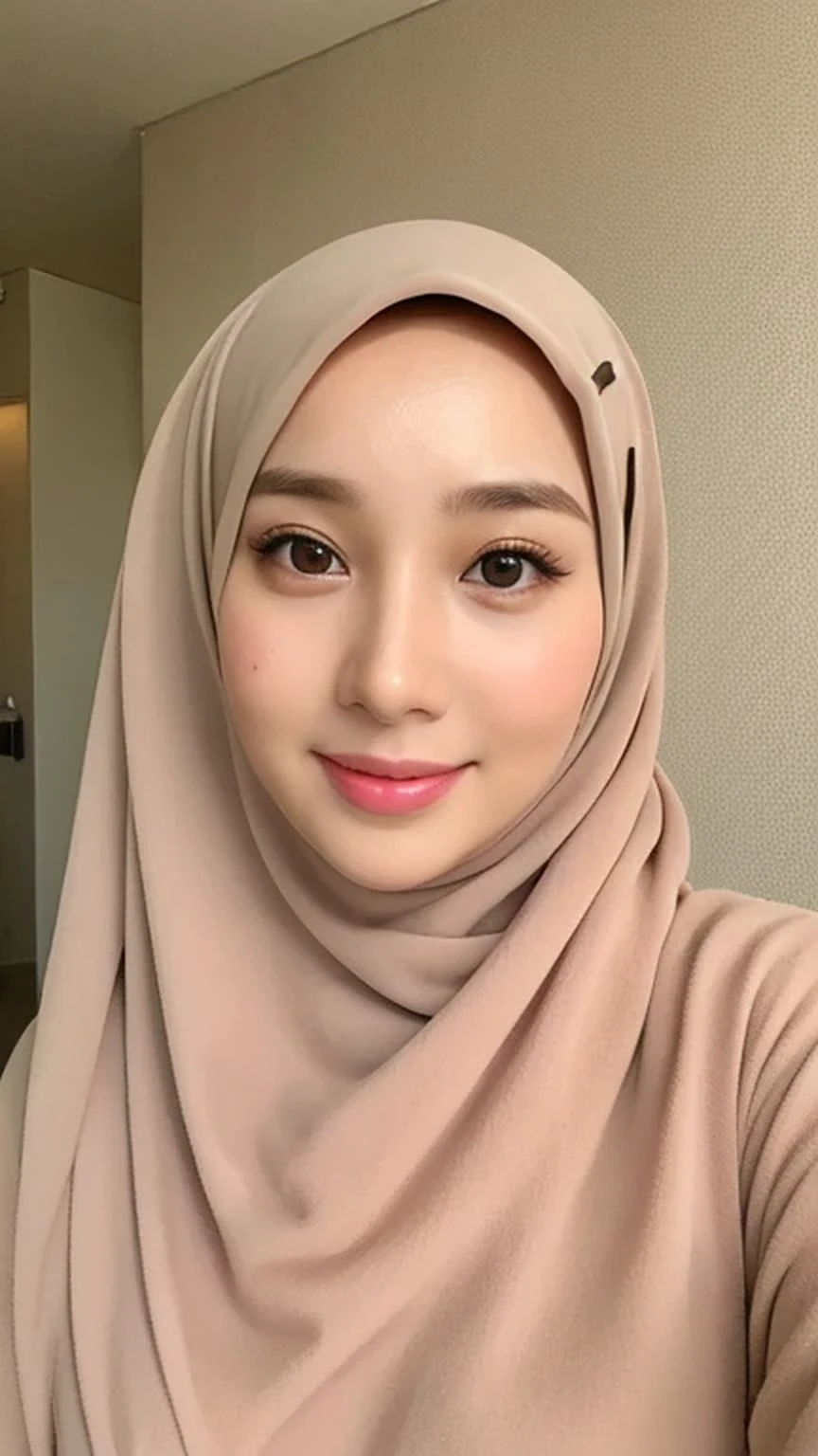 （lifelike， High resolution：1.3）， 1 Girl with perfect body， very detailed face and eyes，hijab, indonesian：1.2, whole body, beautiful, a room, white room, cute face, smile, brown