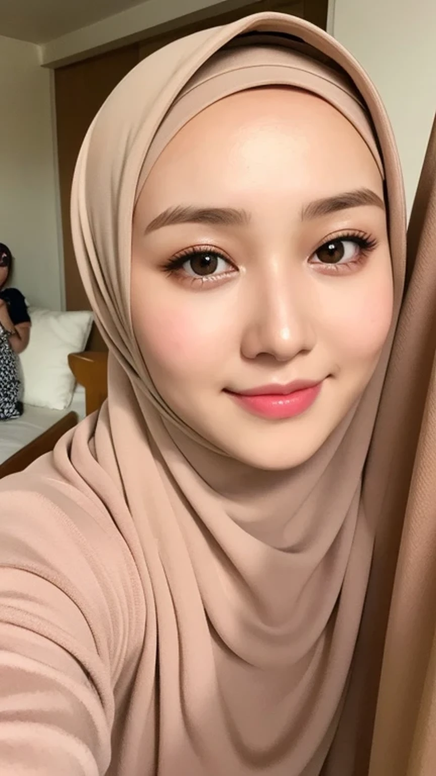 (lifelike, High resolution:1.3), 1 Girl with perfect body, very detailed face and eyes,hijab, indonesian:1.2, whole body, beautiful, a room, white room, cute face, smile, brown
