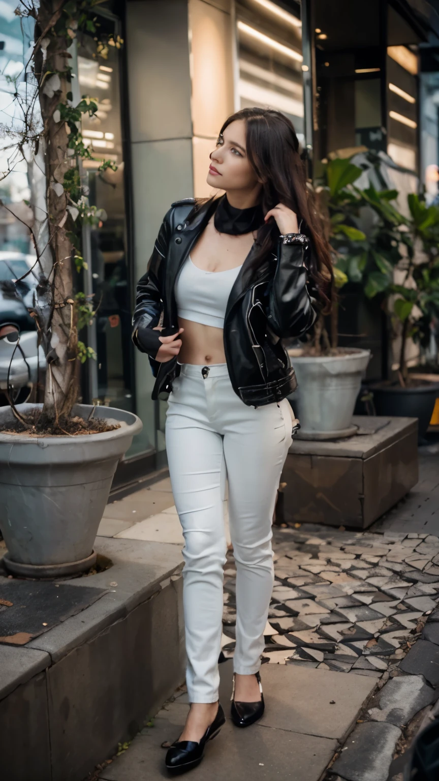 (skindentation:1.5), Realistic, Photorealistic, (masterpiece:1.5), concept art, intricate details, highly detailed, photorealistic, octane render, 8k, unreal engine, dynamic pose, best quality, highres, (realistic face:1.1), (hyperrealistic:1.1), ((full_body)), perfect eyes,(shiny skin:1.2), (((hairstyle))), (((perfect hands))), (extremely detailed background), ((dynamic background)), ((lightning)), (light rays), ((1girl)), wearing black leather jacket, black leather long pants, black t-shirt, black boots, (((flowing jacket))), ((detailed eyes, high quality eyes, high quality face)), (extremely intricate jacket), long black hair, ((dramatic)), epic, city, depth of field, bokeh, 4k, ((riding motorcycle))