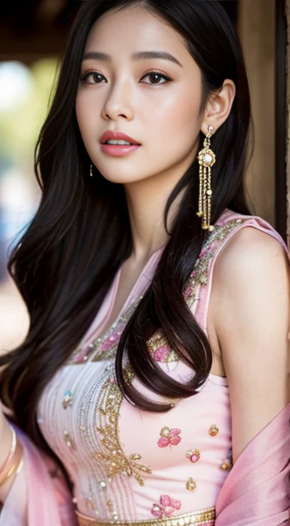 Half body of a Beautiful Asian Woman in Pink and Sky Blue Attire. In this portrait photograph, we see a stunning Asian woman adorned in a pink shirt with intricate embroidery, complemented by a sky blue dress that accentuates her pure and elegant style. Her long hair cascades gracefully, framing her delicately made-up face, adorned with modern jewelry featuring gold and gem accents. Her eyes are captivatingly detailed, with a lovely smile gracing her sensuous lips, enhanced by a delicate blush and fragrant lipstick. The overall image exudes femininity, with the woman's flawless skin and intricate facial features highlighted by a subtle metallic sheen. Despite the detailed focus on her, the city backdrop behind her is blurred, enhancing the dreamy and luxurious atmosphere created by soft lighting and vivid colors. Soft sunlight and a gentle breeze add to the enchanting ambiance, resulting in a portrait that feels surreal and almost magical. Captured in super high quality and 8K resolution, this portrait is a masterpiece of professional cinematic lighting, with a striking interplay of black and gold accents. The attention to detail is extraordinary, making it a truly mesmerizing depiction of feminine beauty and elegance.