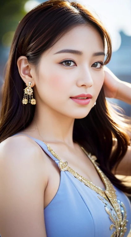 Half body of a Beautiful Asian Woman in Pink and Sky Blue Attire. In this portrait photograph, we see a stunning Asian woman adorned in a pink shirt with intricate embroidery, complemented by a sky blue dress that accentuates her pure and elegant style. Her long hair cascades gracefully, framing her delicately made-up face, adorned with modern jewelry featuring gold and gem accents. Her eyes are captivatingly detailed, with a lovely smile gracing her sensuous lips, enhanced by a delicate blush and fragrant lipstick. The overall image exudes femininity, with the woman's flawless skin and intricate facial features highlighted by a subtle metallic sheen. Despite the detailed focus on her, the city backdrop behind her is blurred, enhancing the dreamy and luxurious atmosphere created by soft lighting and vivid colors. Soft sunlight and a gentle breeze add to the enchanting ambiance, resulting in a portrait that feels surreal and almost magical. Captured in super high quality and 8K resolution, this portrait is a masterpiece of professional cinematic lighting, with a striking interplay of black and gold accents. The attention to detail is extraordinary, making it a truly mesmerizing depiction of feminine beauty and elegance.