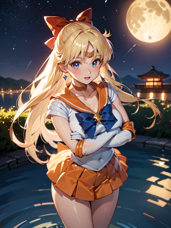master piece,best quality,ultra detailed,8k, ambient light,realistic skin,glossy skin,
(sv1, sailor senshi uniform, orange skirt, elbow gloves, tiara, orange sailor collar, red bow, orange choker, white gloves, jewelry)、(sailor senshi uniform)、
(learning forword:1.3)、(selfie)、(from above)、(crossed arms)、wink、Open your mouth wide and stick out your tongue、(the body is very wet:1.3)、constriction、(delicate body:1.3)、normal bust、emphasizing the cleavage、 glossy lips、Slightly emphasize the lower lip、blush、embarrassed expression、
fantastic night sky、full moon、aurora、horizon、open-air bath、Japanese inn、Castle、futon