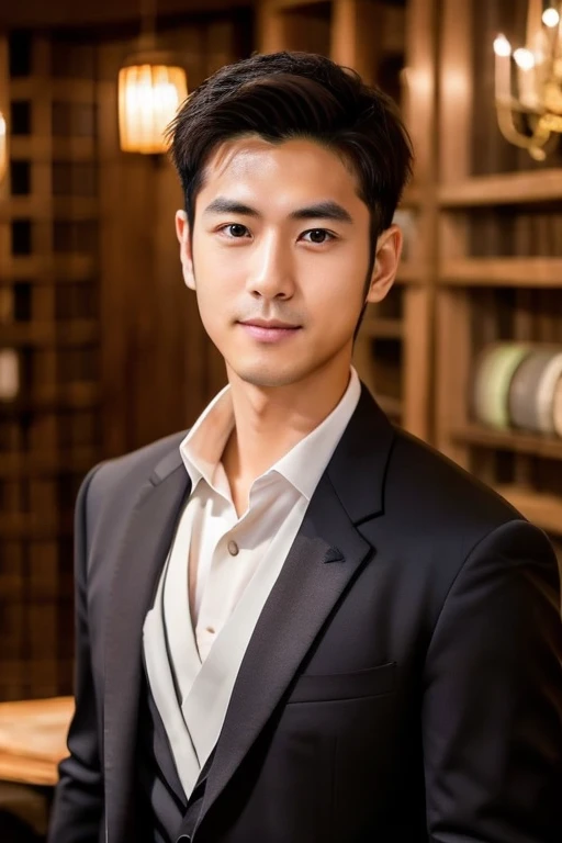 Gorgeous Japanese man in tuxedo ,sommelier, Neat short black hair, sexy male supervisor, black suit, , Wine cellar in the background