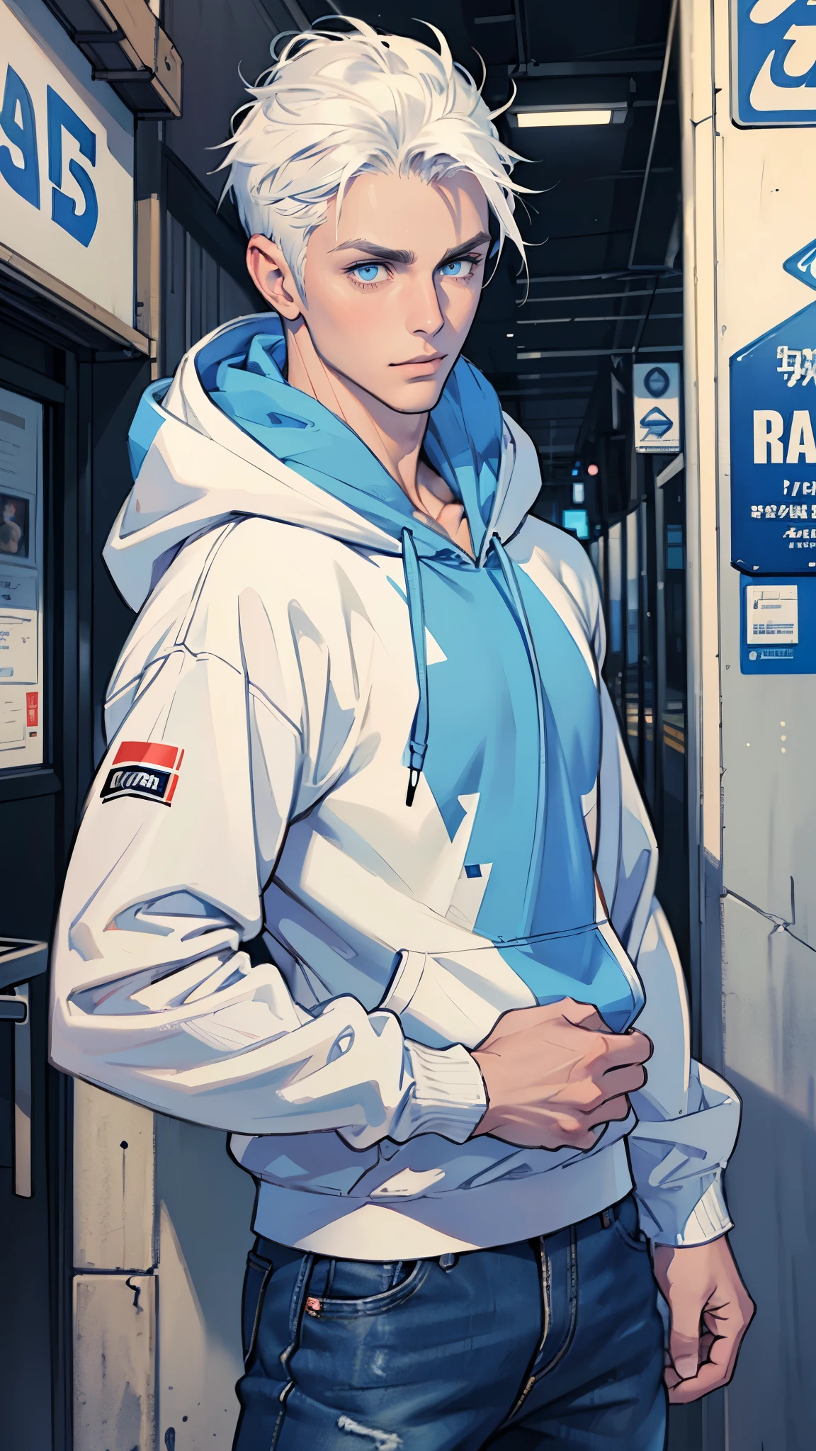 handsome man , white hair , very short hair, ((Flat head hairstyle:1 )) , blue eyes , light skin , ((muscular:1)),male ,wearing a hoodie , blue jeans,streetwear, Street Fashion,(masterpiece, best quality )detailed, 1 character , Soft faded color , Cell shadowing,pastel tones ,pastel colors ,