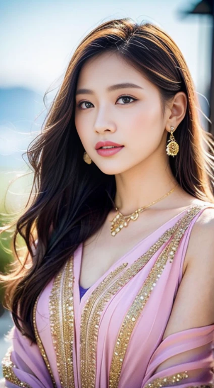 Full the whole body of a Beautiful Asian Woman in Pink and Sky Blue Attire. In this portrait photograph, we see a stunning Asian woman adorned in a pink shirt with intricate embroidery, complemented by a sky blue dress that accentuates her pure and elegant style. Her long hair cascades gracefully, framing her delicately made-up face, adorned with modern jewelry featuring gold and gem accents. Her eyes are captivatingly detailed, with a lovely smile gracing her sensuous lips, enhanced by a delicate blush and fragrant lipstick. The overall image exudes femininity, with the woman's flawless skin and intricate facial features highlighted by a subtle metallic sheen. Despite the detailed focus on her, the city backdrop behind her is blurred, enhancing the dreamy and luxurious atmosphere created by soft lighting and vivid colors. Soft sunlight and a gentle breeze add to the enchanting ambiance, resulting in a portrait that feels surreal and almost magical. Captured in super high quality and 8K resolution, this portrait is a masterpiece of professional cinematic lighting, with a striking interplay of black and gold accents. The attention to detail is extraordinary, making it a truly mesmerizing depiction of feminine beauty and elegance.