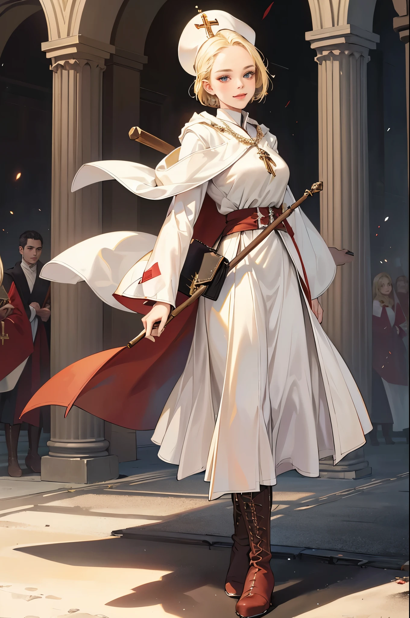 masterpiece, ultra detailed, 8k portrait, RAW photo, portrait photography, highly detailed face, beautiful and meticulous eyes, ((Fantasy)), Young beautiful, dynamic pose, kind face, smile, (((Blonde very short hair, forehead))), ((Priest)), armpit, wood necklace, clergy hat, (((white long cloak))) fluttering in the wind, (((dark dull red oversized Priest robe))), (((long skirt)), (((low boots))), ((holding long wood staff)), big shoulder bag, Midday Sun, hyper realistic, Body model, mid breasts, Beautiful breasts, Long legs, in the crowd, Ambient lighting, Shadow details , Camera focus on face, strong breeze, Light fog
