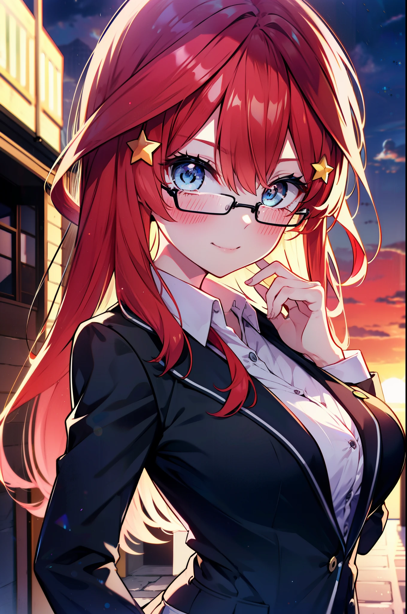 itsukinakano, itsuki nakano, bangs, blue eyes, hair between eyes, Ahoge, redhead, star \(symbol\), hair ornaments, star hair ornaments,happy smile, smile, open your mouth,OL, Akagi glasses,black suit jacket, collared jacket, white dress shirt, collared shirt, neckline, button, strap, ID card on neck, black pencil skirt, black pantyhose, stiletto heels,whole bodyがイラストに入るように,evening,sunset,The sun is setting,
break outdoors, In town,building street,
break looking at viewer, whole body,
break (masterpiece:1.2), highest quality, High resolution, unity 8k wallpaper, (figure:0.8), (detailed and beautiful eyes:1.6), highly detailed face, perfect lighting, Very detailed CG, (perfect hands, perfect anatomy),