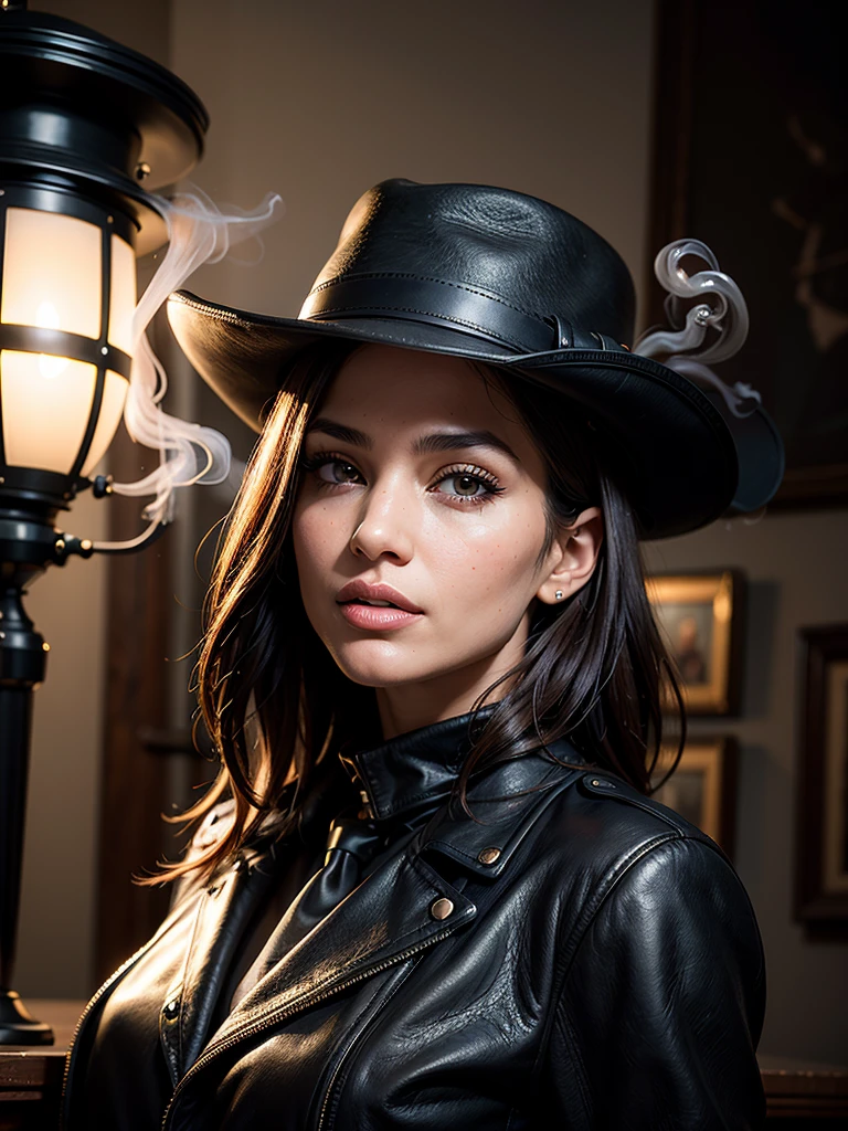 hyperrealism, (photorealistic:1.2), (photorealistic light:1.3), masterpiece, best quality, perfect detail, professional photo, realistic photo, raw photo, realistic style, detailed face, young Jenifer Lopez, black brimmed hat, black leather coat , posing, old police station, noir style, dark atmosphere, detective, smoky, smoke