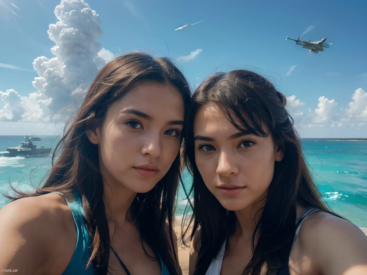(best quality,4k,8k,highres,masterpiece:1.2),ultra-detailed,(realistic,photorealistic,photo-realistic:1.37),a detailed portrayal of a scene with an American F4U Corsair shooting down a Japanese Mitsubishi A6M5 Zero above a Pacific island, the Japanese aircraft engulfed in flames, vivid colors, realistic lighting, HDR,UHD,studio lighting,extreme detail description,physically-based rendering,a girl watching the intense aerial battle with astonishment and fear, beautiful detailed eyes,beautiful detailed lips, two American fighter pilots skillfully maneuvering their aircraft, wearing military flight suits and helmets, gripping the control sticks tightly, the intense expressions on their face reflecting the adrenaline rush of the combat situation, flying at high altitudes, visible white trails of exhaust fumes trailing behind the Corsair, the vibrant blue sky serving as the backdrop, the Pacific island surrounded by crystal-clear turquoise waters, lush green foliage covering the island, palm trees swaying in the breeze, waves crashing against the sandy shore creating a picturesque landscape, showcasing the power and destruction of warfare, the Corsair, a symbol of American air superiority in World War II, dominating the sky as it unleashes its firepower, portraying a historic moment with great accuracy and attention to detail, capturing the drama and intensity of the scene.