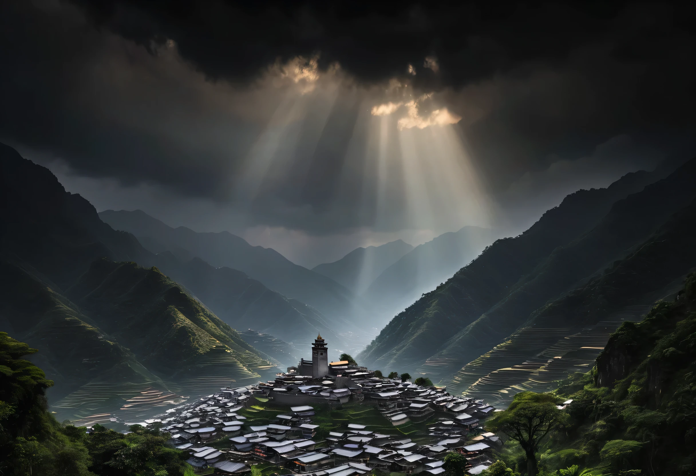 Landscape Photography,The densely packed Dong villages under the mountains,Black tiles,black tower,There are thick dark clouds in the sky,A large amount of Jesus light shines on the earth from the gaps in the dark clouds,(strong light and shadow:1.5),canon camera,raw,8k,National Geographic,Award-winning works