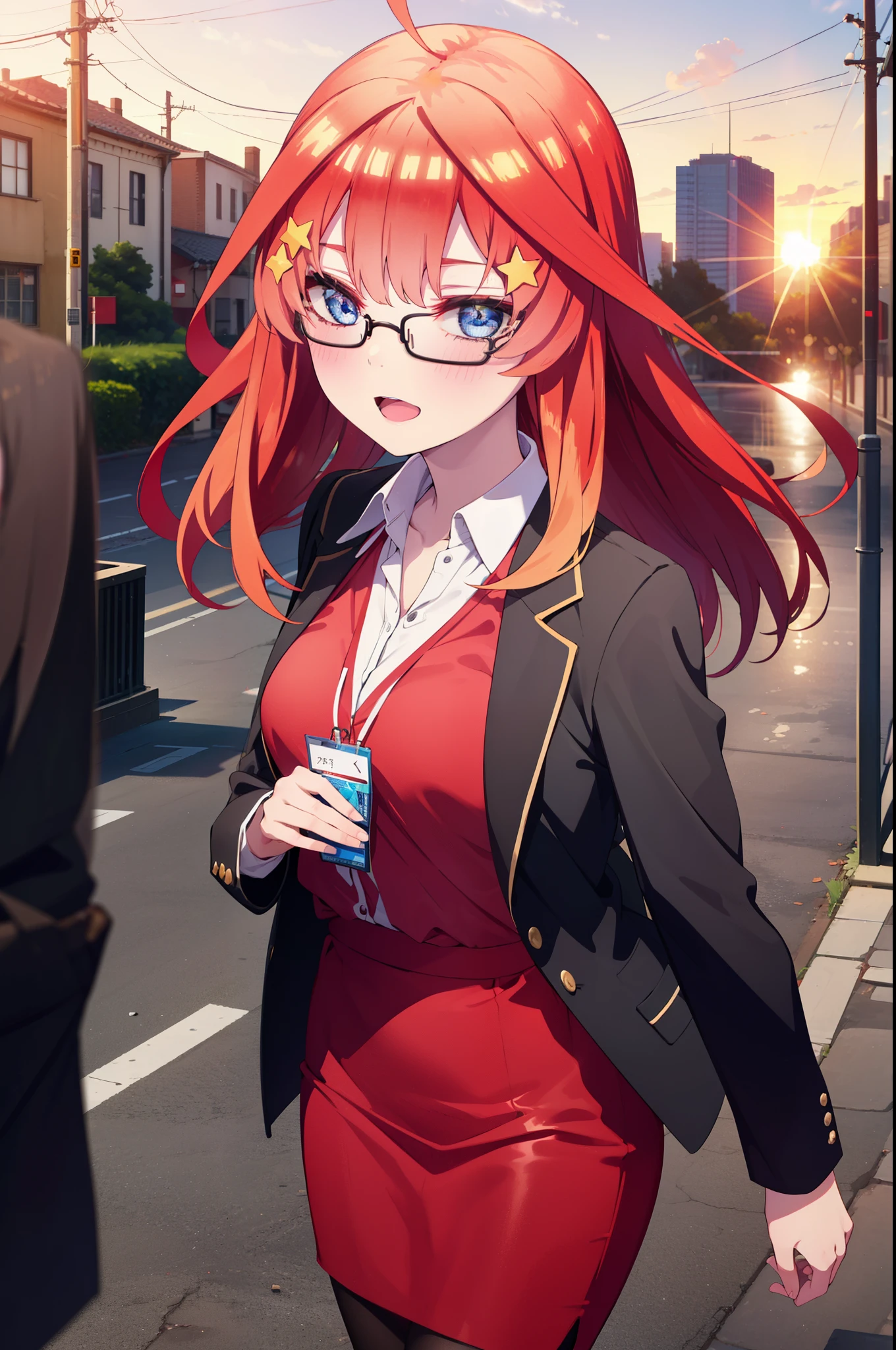 itsukinakano, itsuki nakano, bangs, blue eyes, hair between eyes, Ahoge, redhead, star \(symbol\), hair ornaments, star hair ornaments,happy smile, smile, open your mouth,OL, Akagi glasses,black suit jacket, collared jacket, white dress shirt, collared shirt, neckline, button, strap, ID card on neck, black pencil skirt, black pantyhose, stiletto heels,whole bodyがイラストに入るように,evening,sunset,The sun is setting,
break outdoors, In town,building street,
break looking at viewer, whole body,
break (masterpiece:1.2), highest quality, High resolution, unity 8k wallpaper, (figure:0.8), (detailed and beautiful eyes:1.6), highly detailed face, perfect lighting, Very detailed CG, (perfect hands, perfect anatomy),