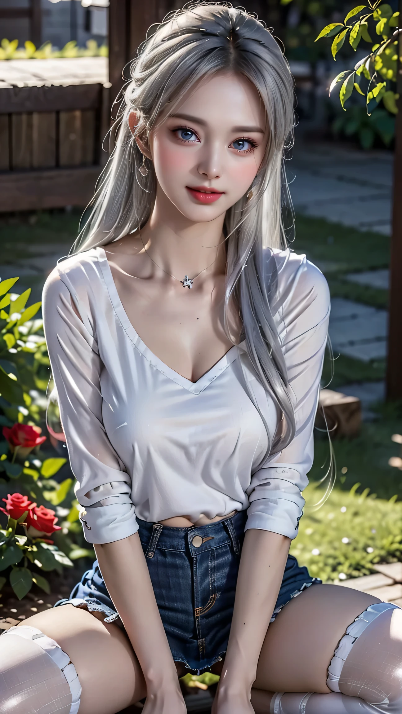((A girl sitting in the garden tending to flowers))、top quality work,Actual work,Ultra Premium Graphics,8K HD CG works,High quality graphics,High-definition CG works,super fine details:1.1,Advanced technical details:1.1Photo-realistic,Natural light:1.5. light effect(virtual light effect:1.8),超A high resolution,長いsilver hair,silver hair,transparent hair,high detail hair(premium hair detail:1.1)clear eyes,beautiful double eyelids,sharp eye makeup, delicate eyelash makeup, thin eyebrows, highly detailed eyes,high nose, nice red lips, rose cheeks, A face with delicate makeup , cute face, perfectly proportioned face,(Advanced facial details:1.1),shiny,summer sexy、((whiteTshirt)),((Jeans Mini Skirt)),stiletto heels,woman'artwork of,full body figure,realism,wonderful,My eyes are shining today,((spread legs)),(White panties are visible