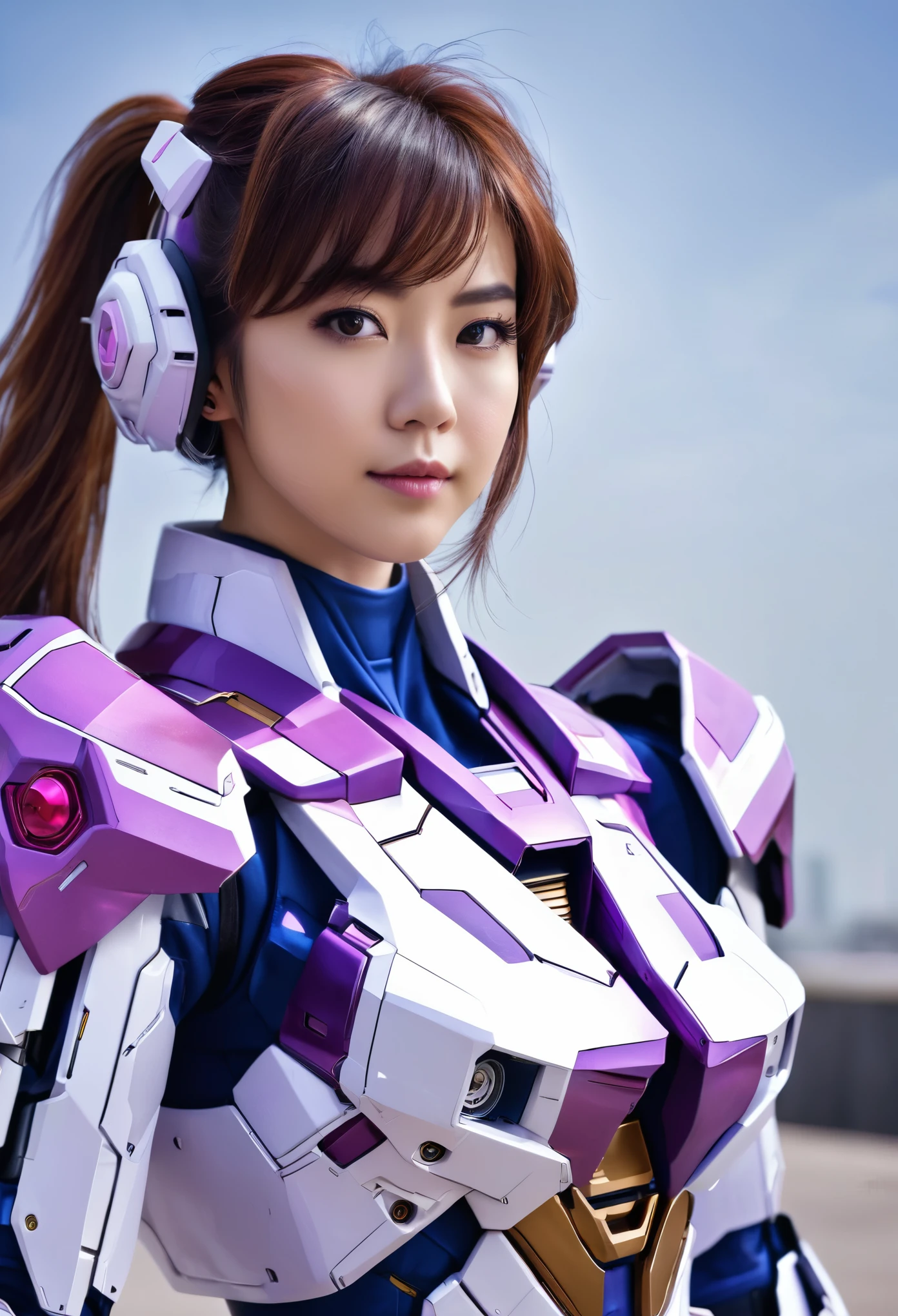 RAW, Masterpiece, Ultra Fine Photo,, Best Quality, Ultra High Resolution, Photorealistic, Sunlight, Full Body Portrait, Stunningly Beautiful,, Dynamic Poses, Delicate Face, Vibrant Eyes, a full body of a woman in a purple and white gundam custume, dybamic pose, long brown very very long hair rapunzel, girl in mecha cyber armor, portrait armored astronaut girl, d. va from overwatch, female mecha, on a gundam, gundam head, chiho aoshima color scheme, mobile suit, streamlined purple armor, fully robotic!! girl, realistic cosplay, gundam armor (dynamic pose) (best cameraview), full body, sit down, full body