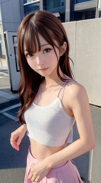 highest quality、超A high resolution、(Photoreal:1.4)、(Ulzzang-6500:0.4)、beautiful woman、korean idol、21 years old、hair length、light brown hair、neat wavy hairstyle、、very small breasts、realistic eyes, thin narrow eyes、beautiful eyes、laughter、crop top、Tank top、Wear a sheer shirt、mini skirt、in the street、squat、thin、A thin、slender body line