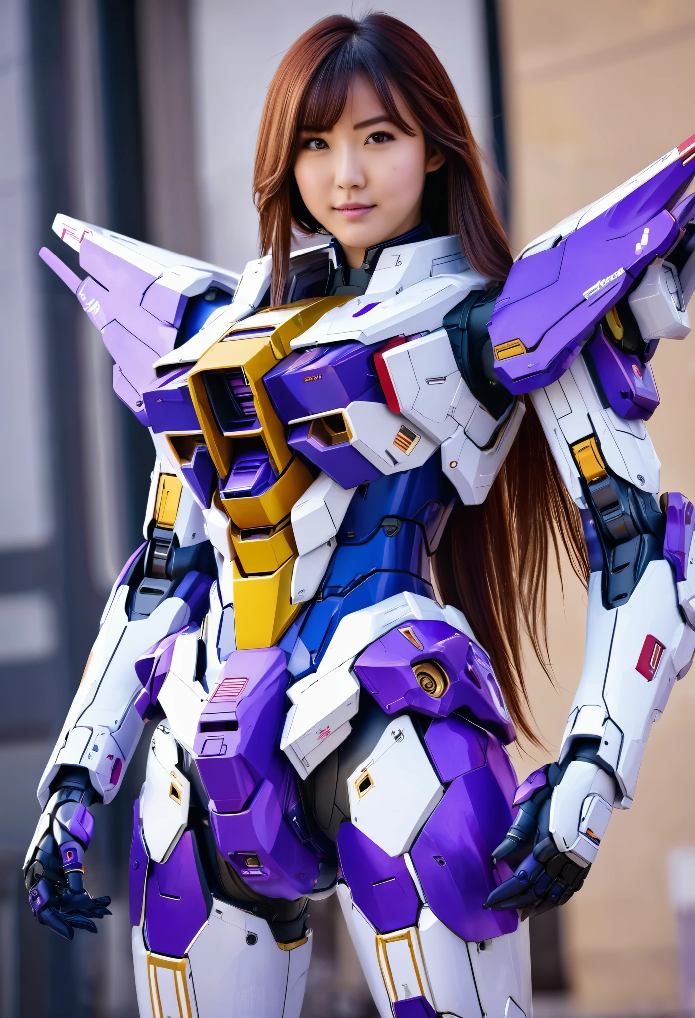 RAW, Masterpiece, Ultra Fine Photo,, Best Quality, Ultra High Resolution, Photorealistic, Sunlight, Full Body Portrait, Stunningly Beautiful,, Dynamic Poses, Delicate Face, Vibrant Eyes, a full body of a woman in a purple and white gundam custume, dybamic pose, long brown very very long hair rapunzel, girl in mecha cyber armor, portrait armored astronaut girl, d. va from overwatch, female mecha, on a gundam, gundam head, chiho aoshima color scheme, mobile suit, streamlined purple armor, fully robotic!! girl, realistic cosplay, gundam armor (dynamic pose) (best cameraview), full body, sit down, full body