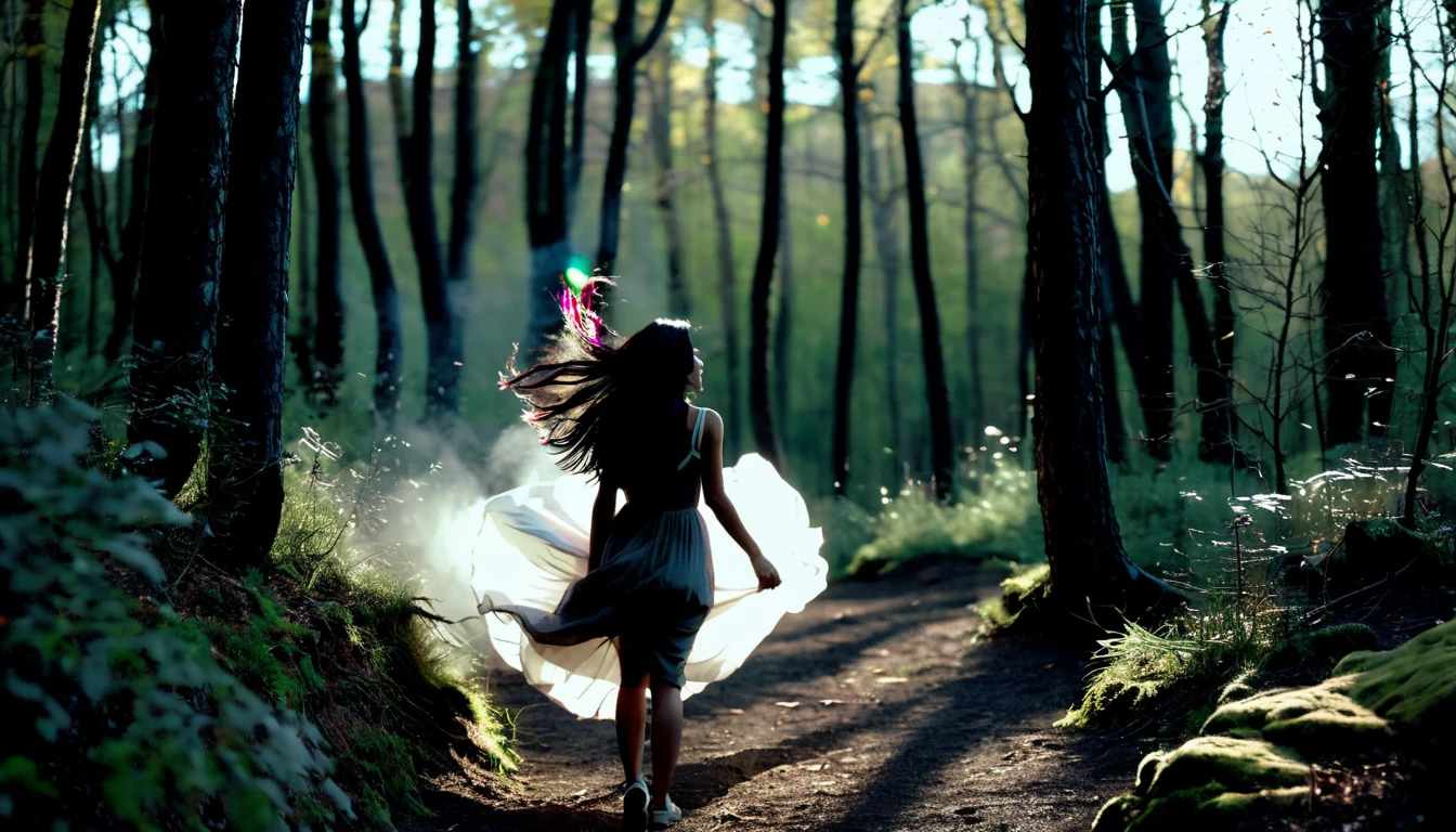 Forest dark background, nature ,real, aesthetic, girl walking , slowly, softly, long hair ,wind blowing, real physics, cinematic, real, Black hair , in Woods, among trees, wondering
