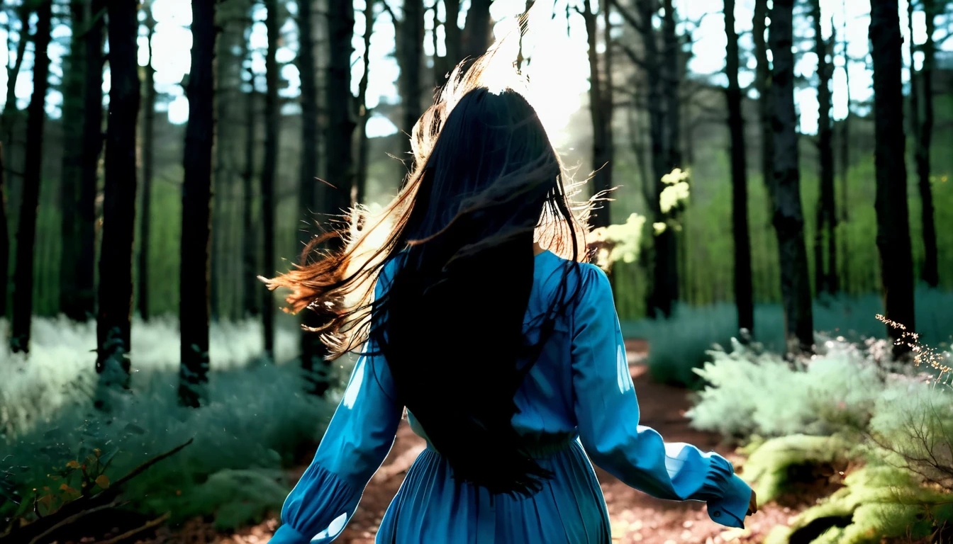 Forest dark background, nature ,real, aesthetic, girl walking , slowly, softly, long hair ,wind blowing, real physics, cinematic, real, Black hair , in Woods, among trees, wondering