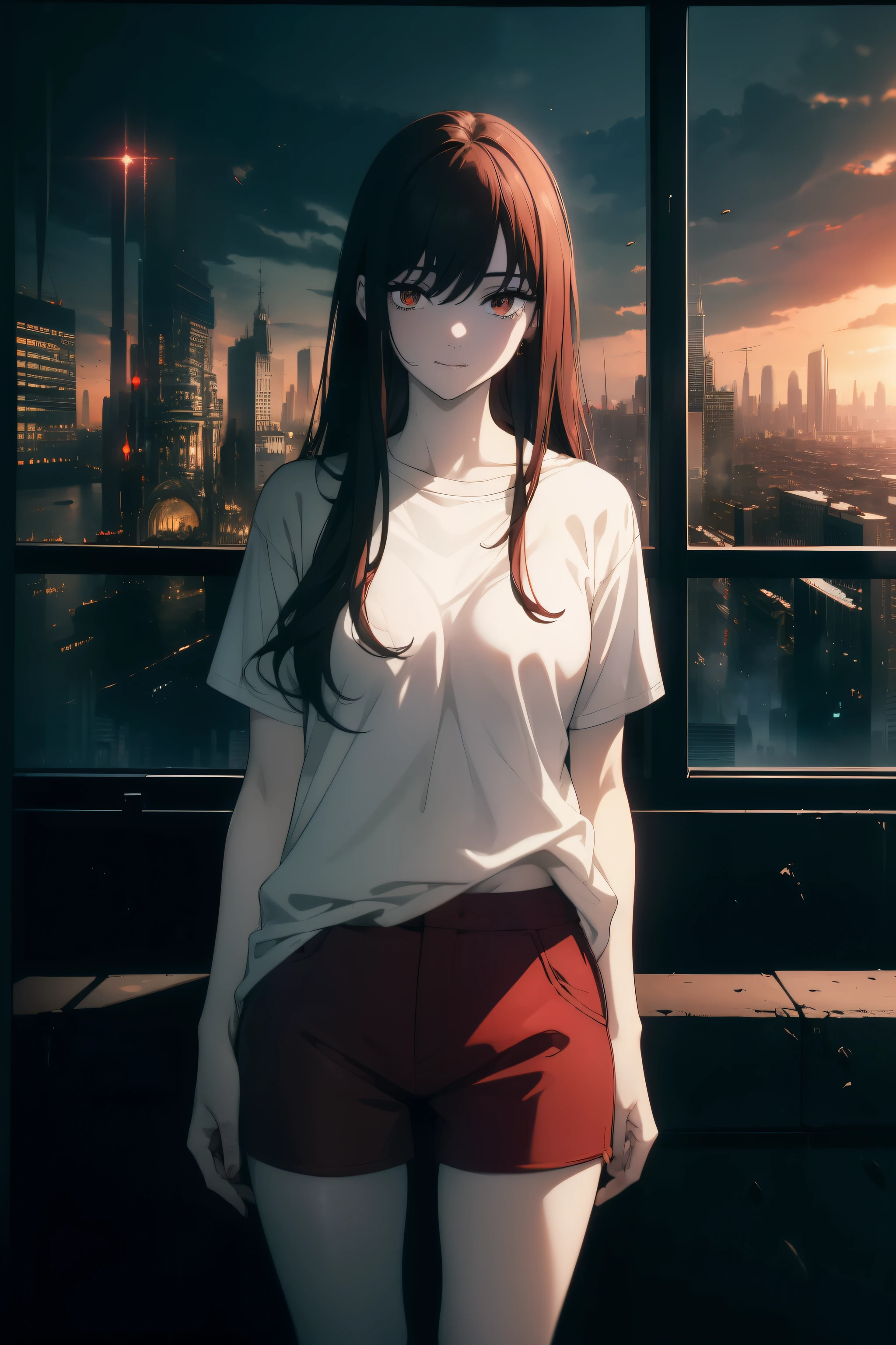 ((((masterpiece, best quality, ultra high resolution)))), 1 girl, standing, (Baggy red T-shirt, loose blue shorts), long back hair, long black hair, pale skin, ((shining brown eyes)), ((ultra fine eyes:1, Beautiful and dense face, fine eyes:0.5)), empty eyes, smile, (((Realistic cityscape)))