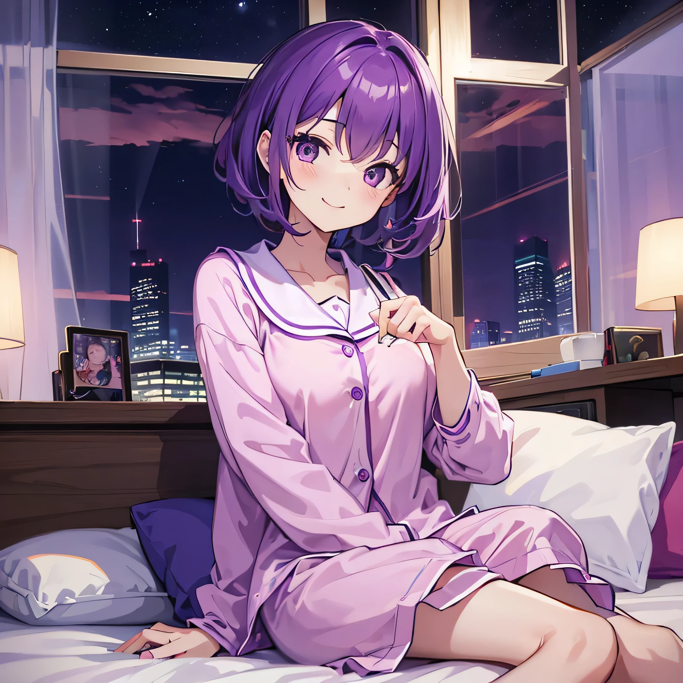 (T Masterpiece，4k wallpaper，best quality))、((girl１people))、(solo)、Shining and vivid，(purple hair)、(shortcut:1.3)、smile、Bedroom、pajamas、night