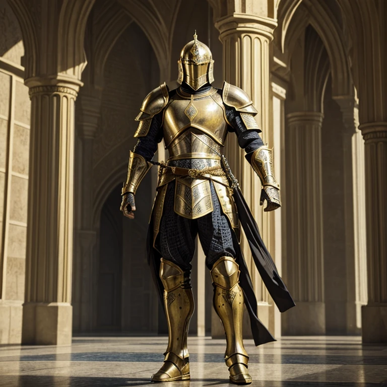  Modern Heavily armored knight, masterpiece, medieval, detailed armor, fantastic armor, golden armor, in a mosque, amazing and unique sword in his hand, full body, solo, 