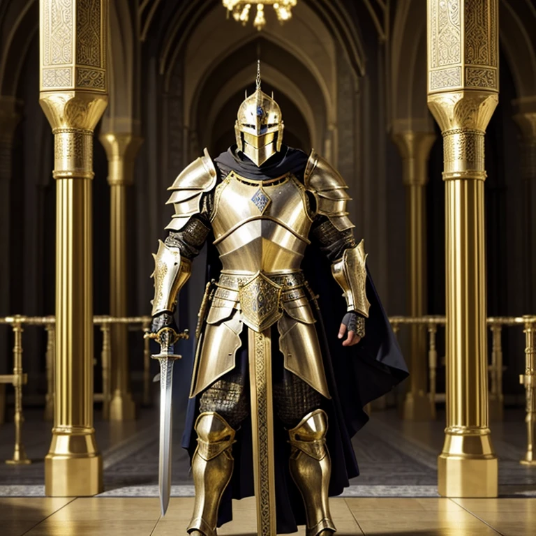 Modern Heavily armored knight, masterpiece, medieval, detailed armor, fantastic armor, golden armor, in a mosque, amazing and unique sword in his hand, full body, solo,