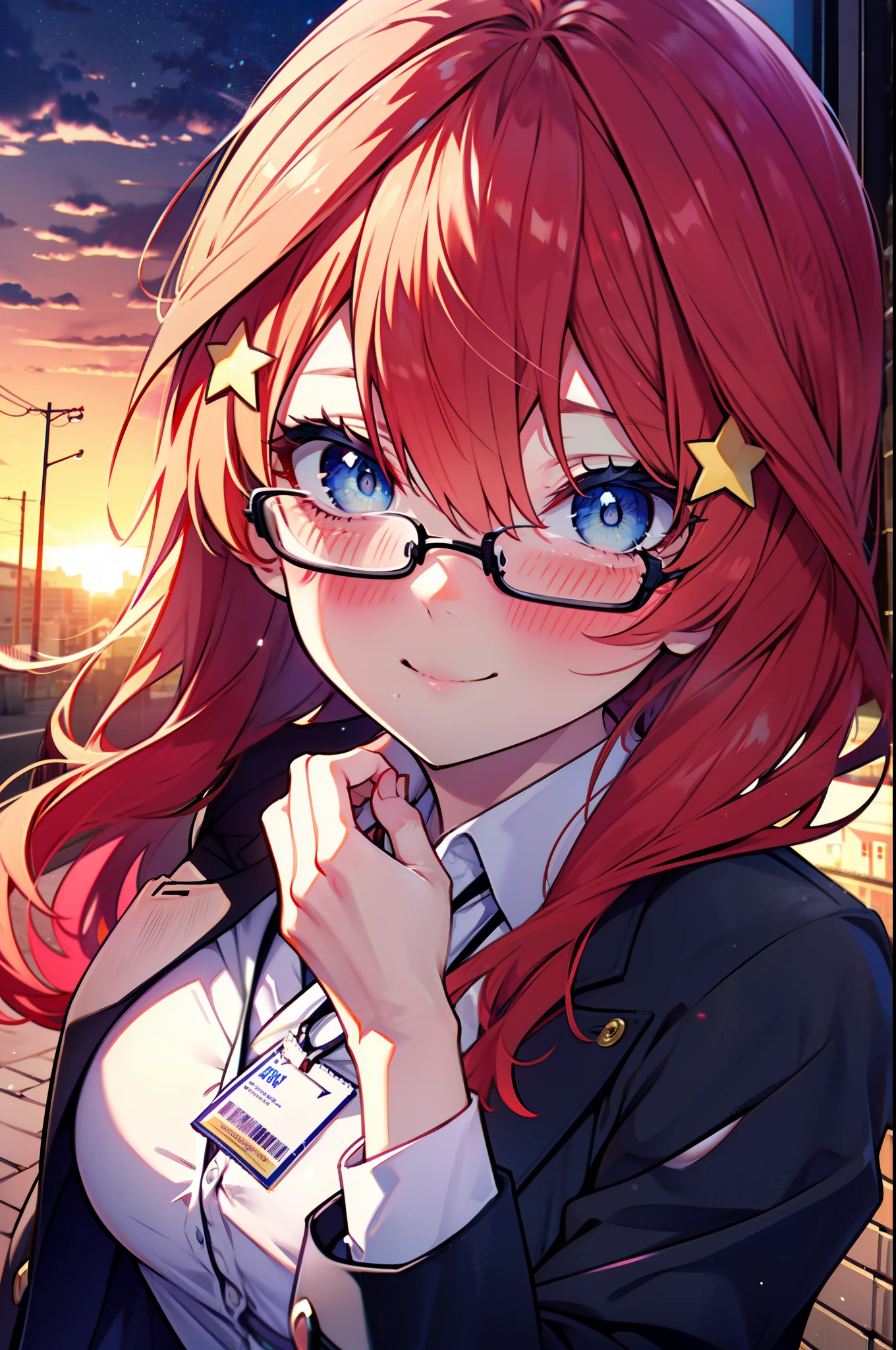 itsukinakano, itsuki nakano, bangs, blue eyes, hair between eyes, Ahoge, redhead, star \(symbol\), hair ornaments, star hair ornaments,happy smile, smile, open your mouth,OL, Akagi glasses,black suit jacket, collared jacket, white dress shirt, collared shirt, neckline, button, strap, ID card on neck, black pencil skirt, black pantyhose, stiletto heels,whole bodyがイラストに入るように,evening,sunset,The sun is setting,
break outdoors, In town,building street,
break looking at viewer, whole body,
break (masterpiece:1.2), highest quality, High resolution, unity 8k wallpaper, (figure:0.8), (detailed and beautiful eyes:1.6), highly detailed face, perfect lighting, Very detailed CG, (perfect hands, perfect anatomy),