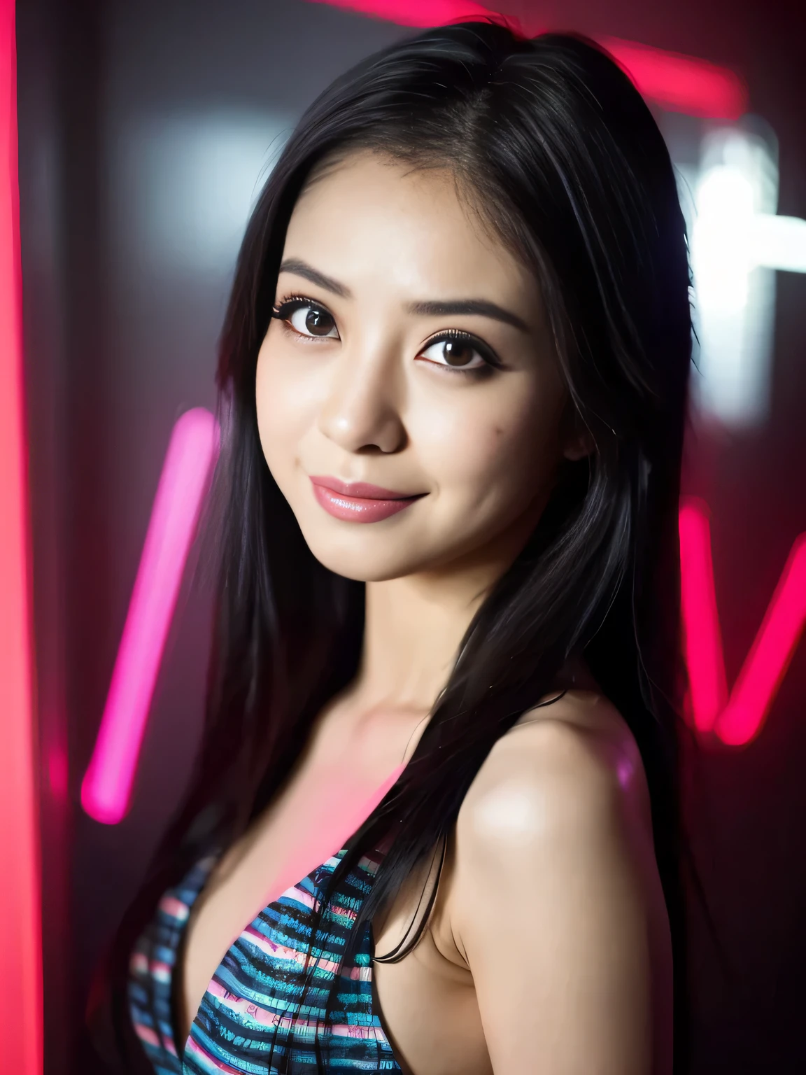 (realistic:2),(masterpiece:2), (highest quality:2),(High-definition face drawing:1.4),(RAW photo:1.3),,(cinematic natural light effects:1.3)(everything is beautiful and perfectly balanced), (Smile of a very happy teenage girl:1.2),(Japanese: 1.2),(small face:1.2), (dynamic pose:1.5), (Large eyes with good balance between both eyes:1.5), (Unusual hairstyle: 1.2), (unusual hair color: 1.2), (unusual swimsuit: 1.2), (unusual underwear: 1.2), (unusual decoration: 1.2), (unusual fashion: 1.2), ( Unusual pattern: 1.2), (unusual place: 1.2), (Neon lights embedded in the walls of the studio:1.2), extreme light effects, gal.safetensors, GirlfriendMix2:1