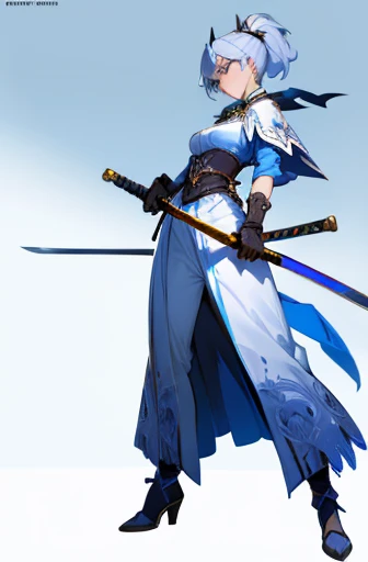 adult female, sword, holding sword, gloves, white background, full body, solo,, fantasy cloth, stand posture, looking at viewer, character design,
