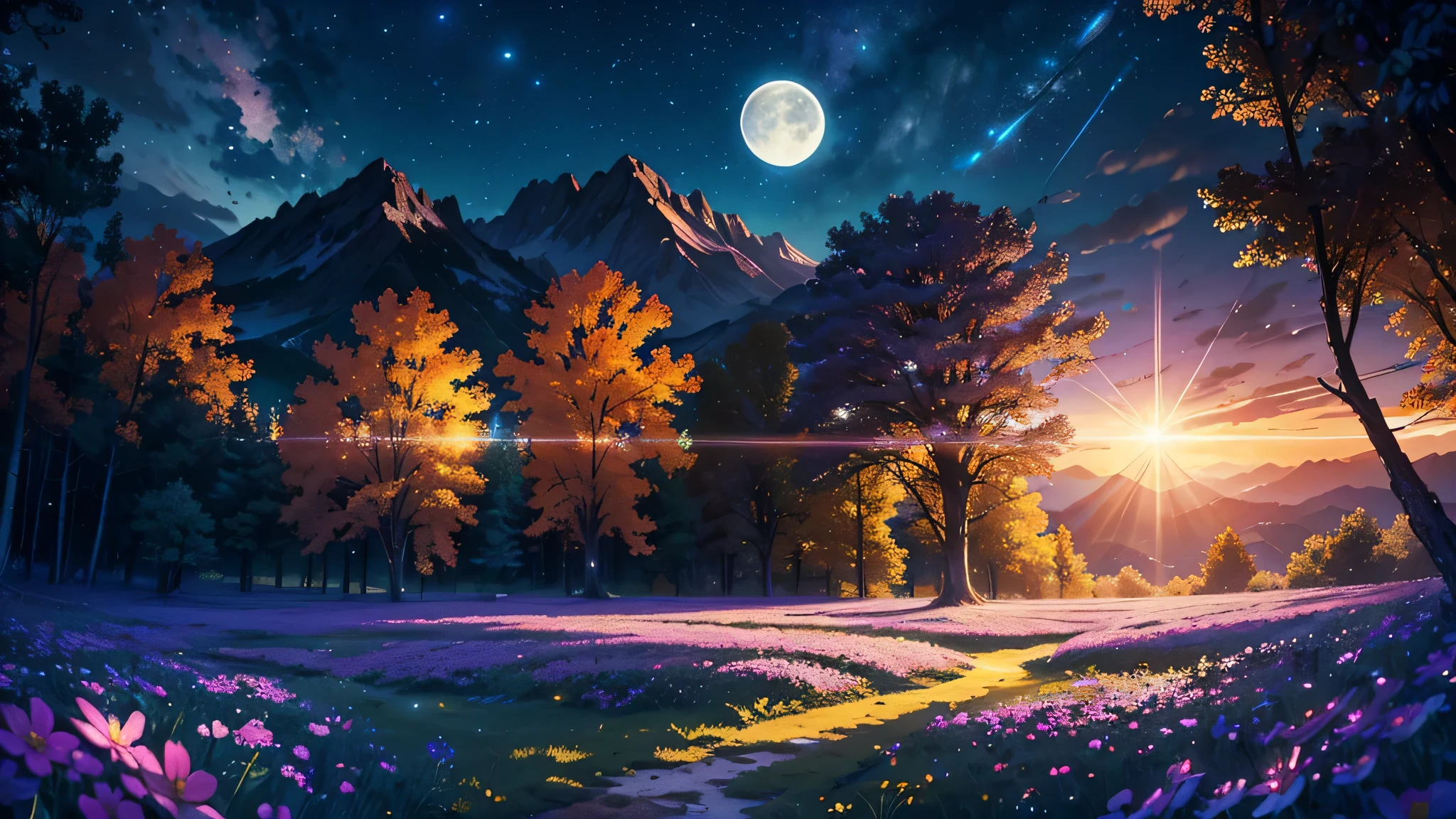 Expansive landscape photograph, (view from below with a view of the sky and the wilderness below), standing in a flower field looking up, (full moon: 1.2), (shooting star: 0.9), (nebula: 1.3), distant mountain, tree break production art, (warm light source: 1.2), (firefly: 1.2), lamp, purple and orange, intricate detail, volume lighting BREAK (masterpiece: 1.2), (highest quality ), 4k, ultra-detailed, (dynamic configuration: 1.4), highly detailed and colorful details (iridescent: 1.2), (sparkling lighting, atmospheric lighting), dreamy, magical, (solo: 1.2)