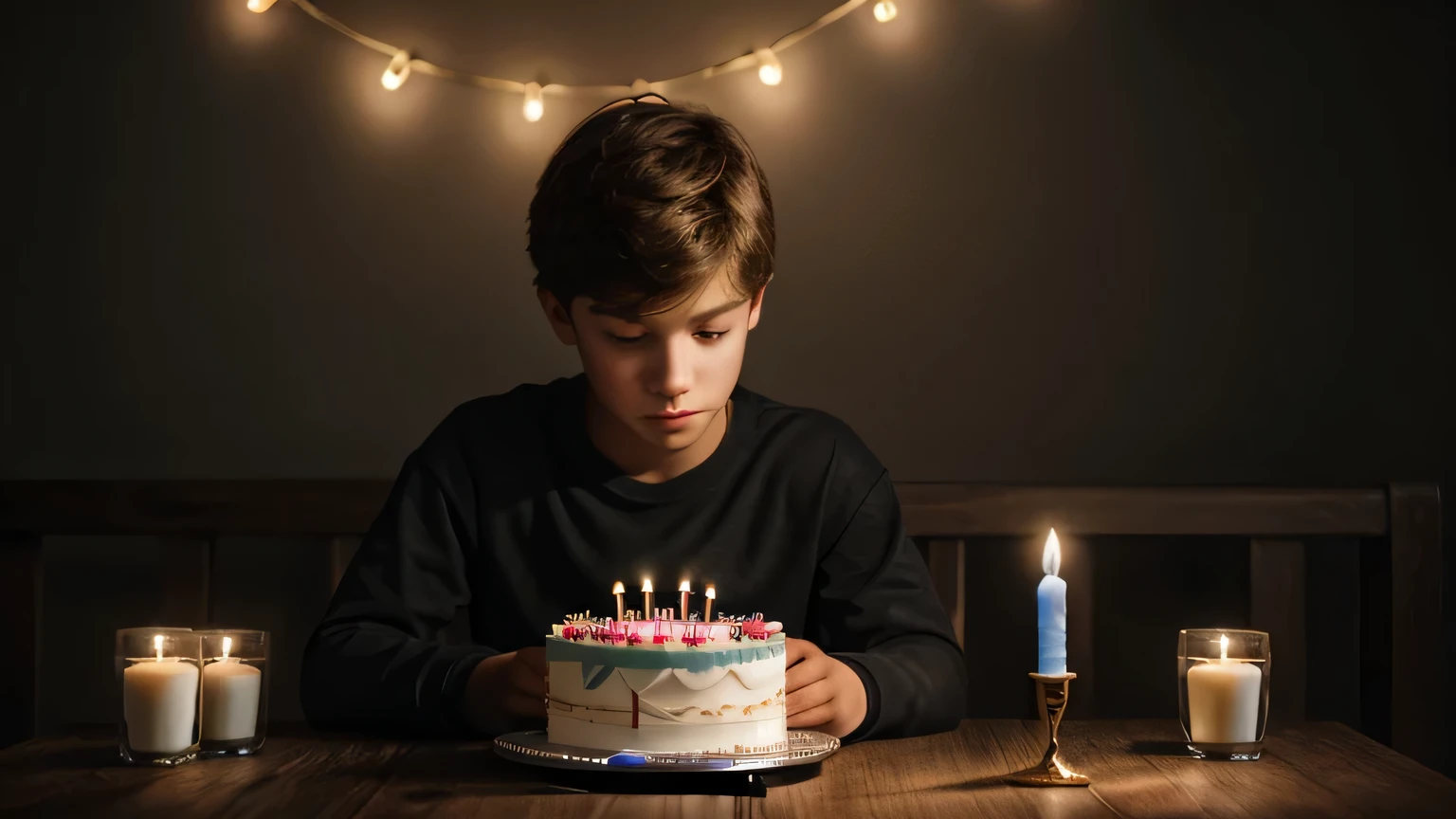 Text Alone on birthday, sad boy sitting, woth one cake, one candle on cake, back camera, boy with hoodie sweater, no face showing, best text alone on birthday, human version edited