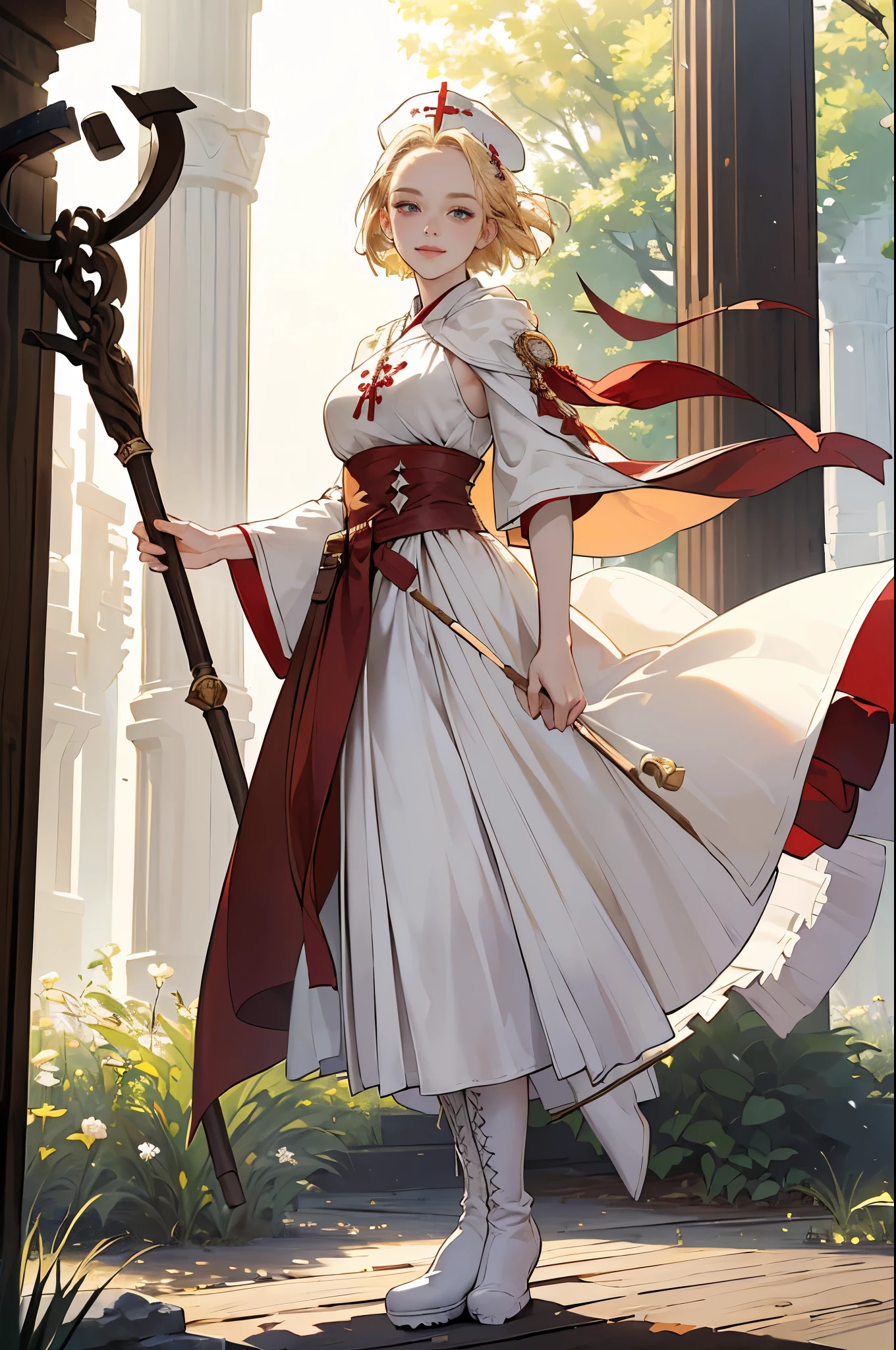 masterpiece, ultra detailed, 8k portrait, RAW photo, portrait photography, highly detailed face, beautiful and meticulous eyes, ((Fantasy)), Young beautiful, dynamic pose, kind face, smile, (((Blonde very short hair, forehead))), ((Priest)), armpit, wood necklace, clergy hat, (((white long cloak))) fluttering in the wind, (((dark dull red oversized Priest robe))), (((long skirt)), (((low boots))), ((holding long wood staff)), big shoulder bag, Midday Sun, hyper realistic, Body model, mid breasts, Beautiful breasts, Long legs, in the crowd, Ambient lighting, Shadow details , Camera focus on face, strong breeze, Light fog