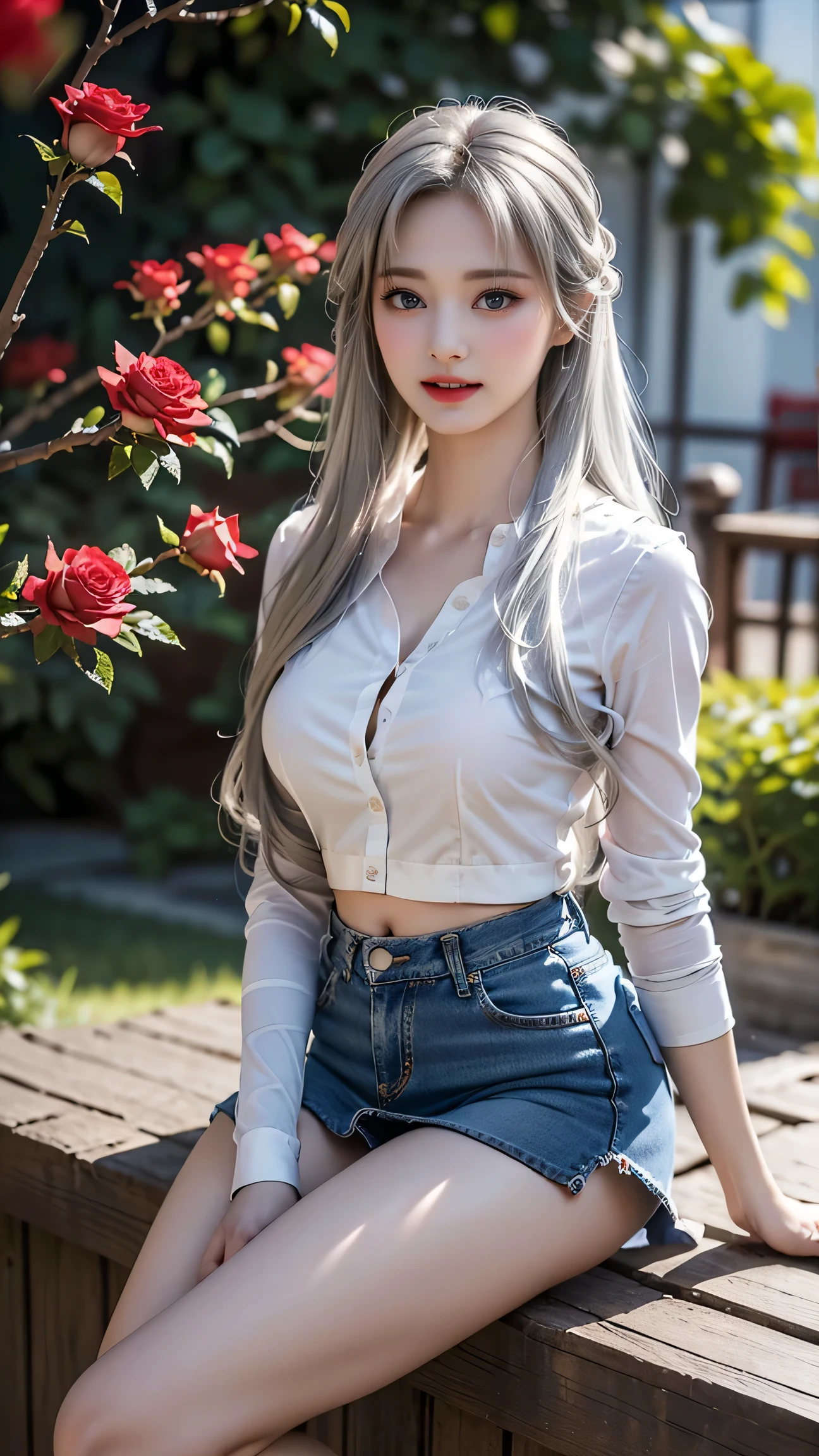 ((Girl taking care of flowers in the garden))、top quality work,Actual work,Ultra Premium Graphics,8K HD CG works,High quality graphics,High-definition CG works,super fine details:1.1,Advanced technical details:1.1Photo-realistic,Natural light:1.5. light effect(virtual light effect:1.8),超A high resolution,長いsilver hair,silver hair,transparent hair,high detail hair(premium hair detail:1.1)clear eyes,beautiful double eyelids,sharp eye makeup, delicate eyelash makeup, thin eyebrows, highly detailed eyes,high nose, nice red lips, rose cheeks, A face with delicate makeup , cute face, perfectly proportioned face,(Advanced facial details:1.1),shiny,summer sexy、((whiteTshirt)),((Jeans Mini Skirt)),stiletto heels,woman'artwork of,full body figure,realism,wonderful,My eyes are shining today