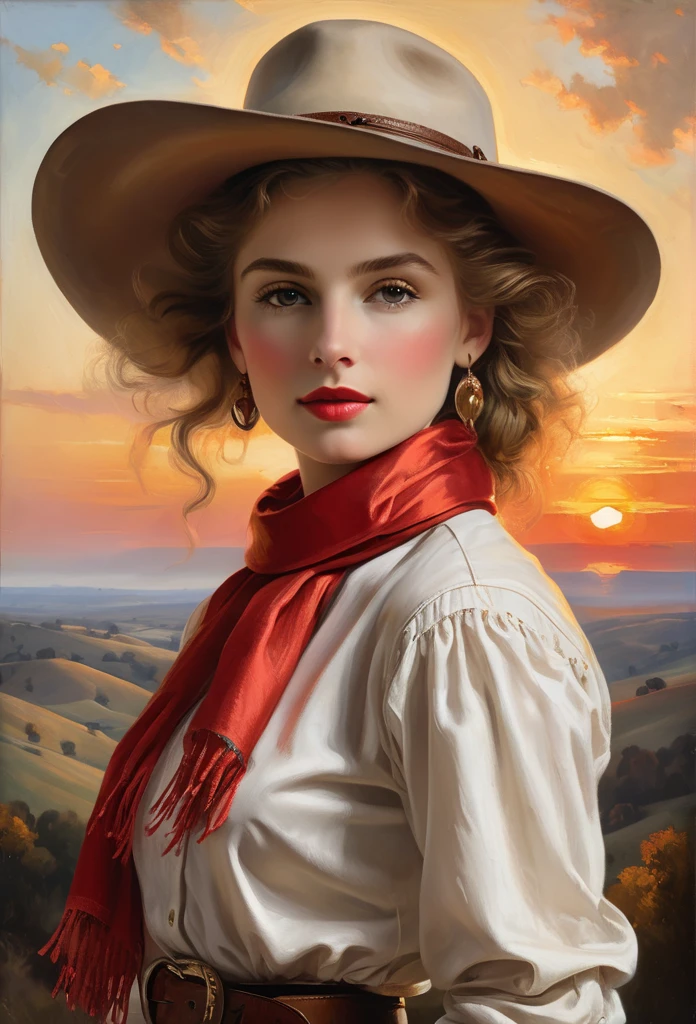 A captivating oil painting of a confident and fashionable [cowgirl:Maude Adams:0.1] , standing tall and strong with her wide-brimmed hat and flowing red scarf. The cowgirl exudes elegance and power in her crisp white button-up shirt and tight leather pants. Her intense gaze and dark lashes convey a sense of resilience and determination. The breathtaking sunset background casts a warm golden light over the tranquil scene of rolling hills and a distant horizon. The artwork is a remarkable blend of the dynamic wlop style and the masterful technique of Rembrandt, with its rich colors, intricate details, and powerful presence.