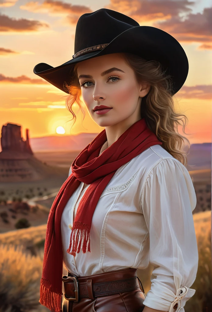 A captivating oil painting of a confident and fashionable [cowgirl:Maude Adams:0.1] , standing tall and strong with her wide-brimmed hat and flowing red scarf. The cowgirl exudes elegance and power in her crisp white button-up shirt and tight leather pants. Her intense gaze and dark lashes convey a sense of resilience and determination. The breathtaking sunset background casts a warm golden light over the tranquil scene of rolling hills and a distant horizon. The artwork is a remarkable blend of the dynamic wlop style and the masterful technique of Rembrandt, with its rich colors, intricate details, and powerful presence.