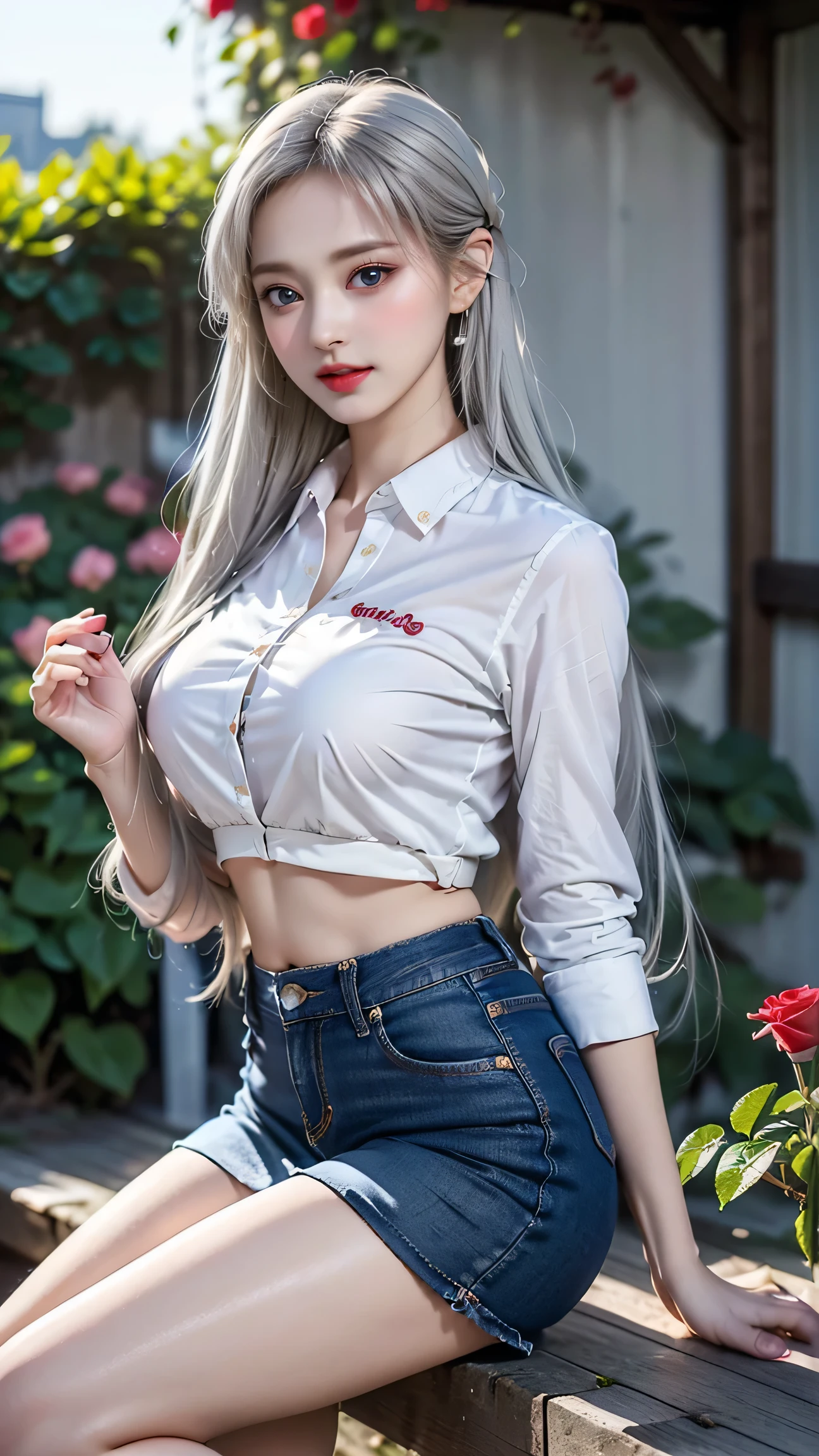 ((Girl taking care of flowers in the garden))、top quality work,Actual work,Ultra Premium Graphics,8K HD CG works,High quality graphics,High-definition CG works,super fine details:1.1,Advanced technical details:1.1Photo-realistic,Natural light:1.5. light effect(virtual light effect:1.8),超A high resolution,長いsilver hair,silver hair,transparent hair,high detail hair(premium hair detail:1.1)clear eyes,beautiful double eyelids,sharp eye makeup, delicate eyelash makeup, thin eyebrows, highly detailed eyes,high nose, nice red lips, rose cheeks, A face with delicate makeup , cute face, perfectly proportioned face,(Advanced facial details:1.1),shiny,summer sexy、((whiteTshirt)),((Jeans Mini Skirt)),stiletto heels,woman'artwork of,full body figure,realism,wonderful,My eyes are shining today,((legs open))、((White panties are visible))