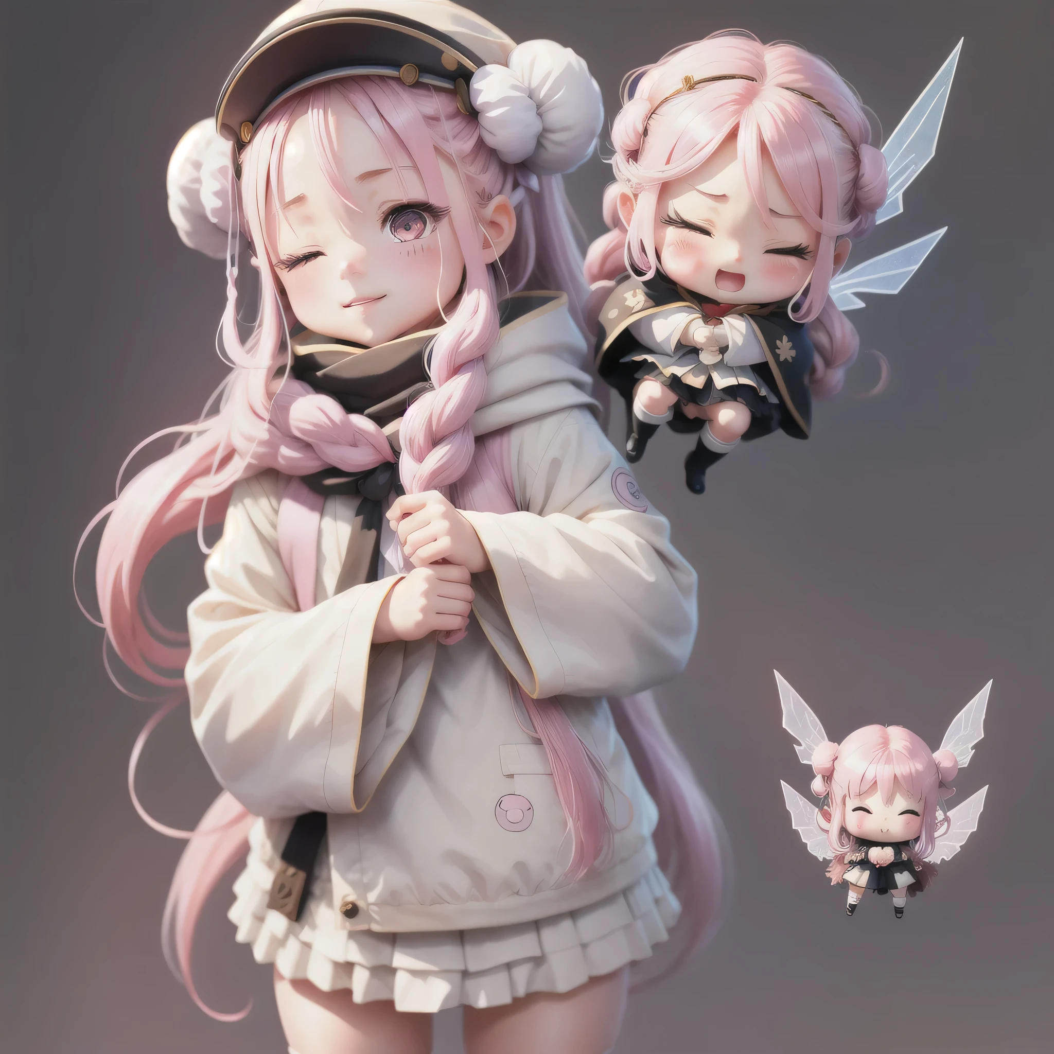 Chibi,cute,white background,simple background,1 girl, alone, blush, smile, Open_mouth, have,uniform, full_body, pink_long hair, One_eye_closed, pink_eyes, Chibi, blush_sticker, eyepatch,(((Background fairy tale))),masterpiece, highest quality, High resolution, {Detailed and beautiful eyes}, finely,  Detailed and beautiful eyes,1 girl, (alone:1.5),  (hair ribbon:0.4), Pink Eye,cinematic angle,perspective,White bun hair,Kunimi Tama,HEAVEN BURNS RED,