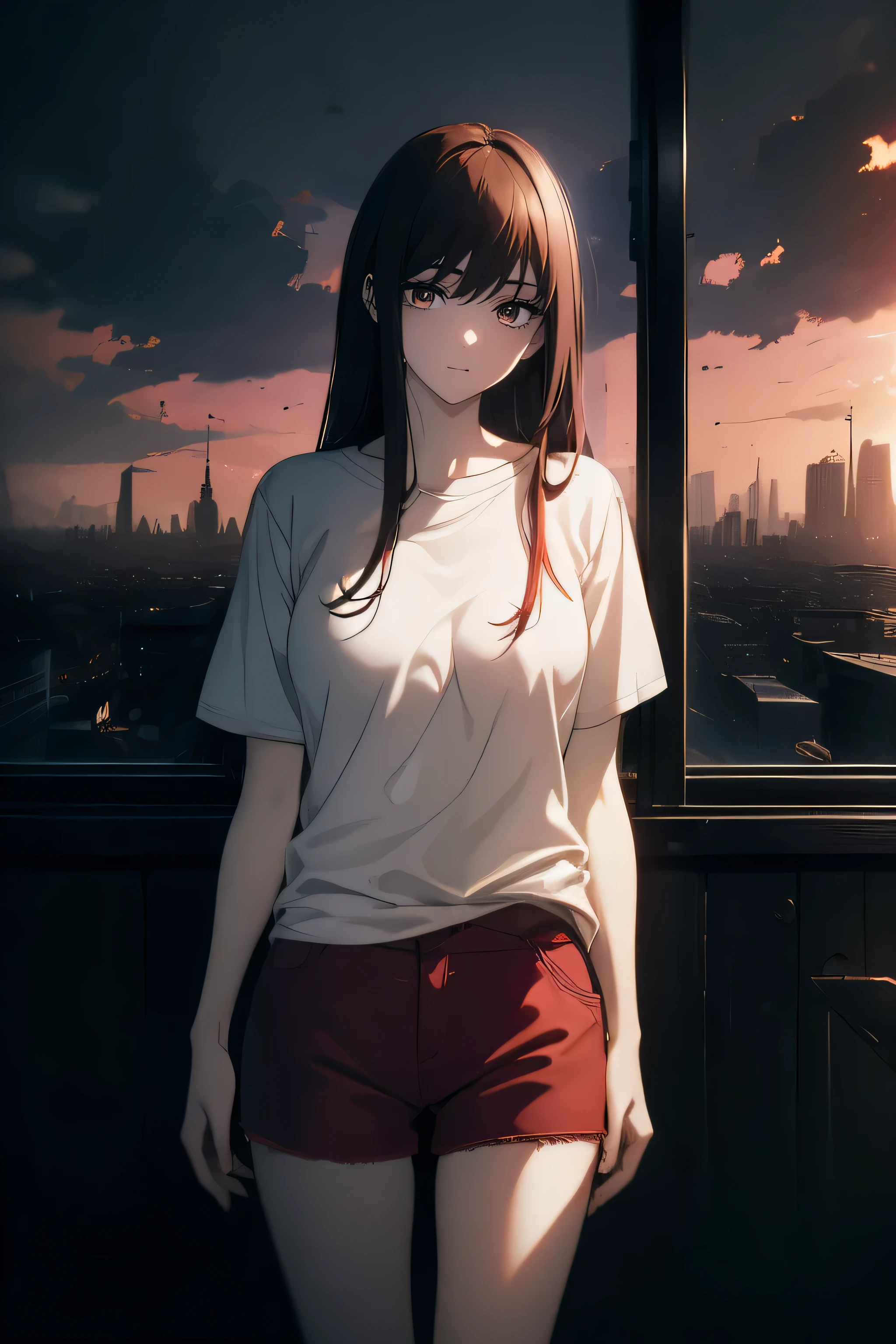((((masterpiece, best quality, ultra high resolution)))), 1 girl, standing, (Baggy red T-shirt, loose blue shorts), long back hair, long black hair, pale skin, ((shining brown eyes)), ((ultra fine eyes:1, Beautiful and dense face, fine eyes:0.5)), empty eyes, smile, (((Realistic cityscape)))