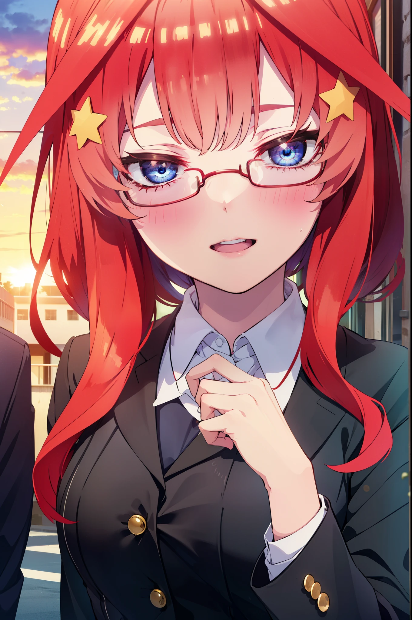 itsukinakano, itsuki nakano, bangs, blue eyes, hair between eyes, Ahoge, redhead, star \(symbol\), hair ornaments, star hair ornaments,happy smile, smile, open your mouth,OL, Akagi glasses,black suit jacket, collared jacket, white dress shirt, collared shirt, neckline, button, strap, ID card on neck, black pencil skirt, black pantyhose, stiletto heels,whole bodyがイラストに入るように,evening,sunset,The sun is setting,
break outdoors, In town,building street,
break looking at viewer, whole body,
break (masterpiece:1.2), highest quality, High resolution, unity 8k wallpaper, (figure:0.8), (detailed and beautiful eyes:1.6), highly detailed face, perfect lighting, Very detailed CG, (perfect hands, perfect anatomy),