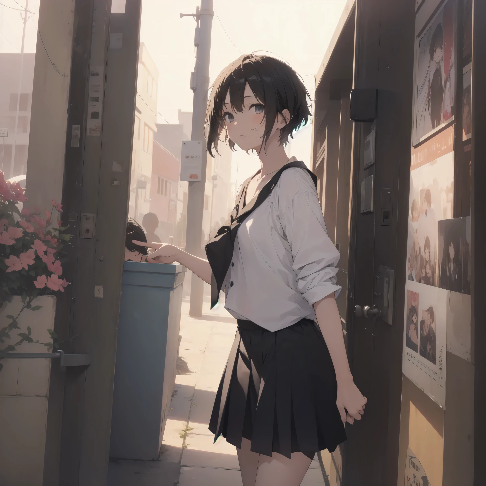 ultra-absurdres-Top quality by artist God, ultra-detailed, high resolution, anime moe artstyle, best anime 8k konachan wallpaper, pixiv contest winner,pool:2810, perfect anatomy,break, 1girl, (Please draw a girl walking sleepily to school alone. )break,(Solo,little female, 13-year-old:1.3),Full limbs, complete fingers,a junior high school student,  (very short hair), short cut, flat chest, , small butt, small black eyes, beautiful detailed eyes, well-proportioned iris and pupils, expressive eyes, highres detailed hair, soft expression, school_uniform, official_alternate_costume, pleated skirt,(Detailed Lighting), (Detailed background), in the School commute route. break,super detailed skin, Best cinematic lighting powered by famous artist, 8k,beauty illustration,photoshop_(medium),very aesthetic,break,((artist:yaegashi_nan )), artist:akinashi yuu ,artist:oyari ashito ,artist:kantoku ,