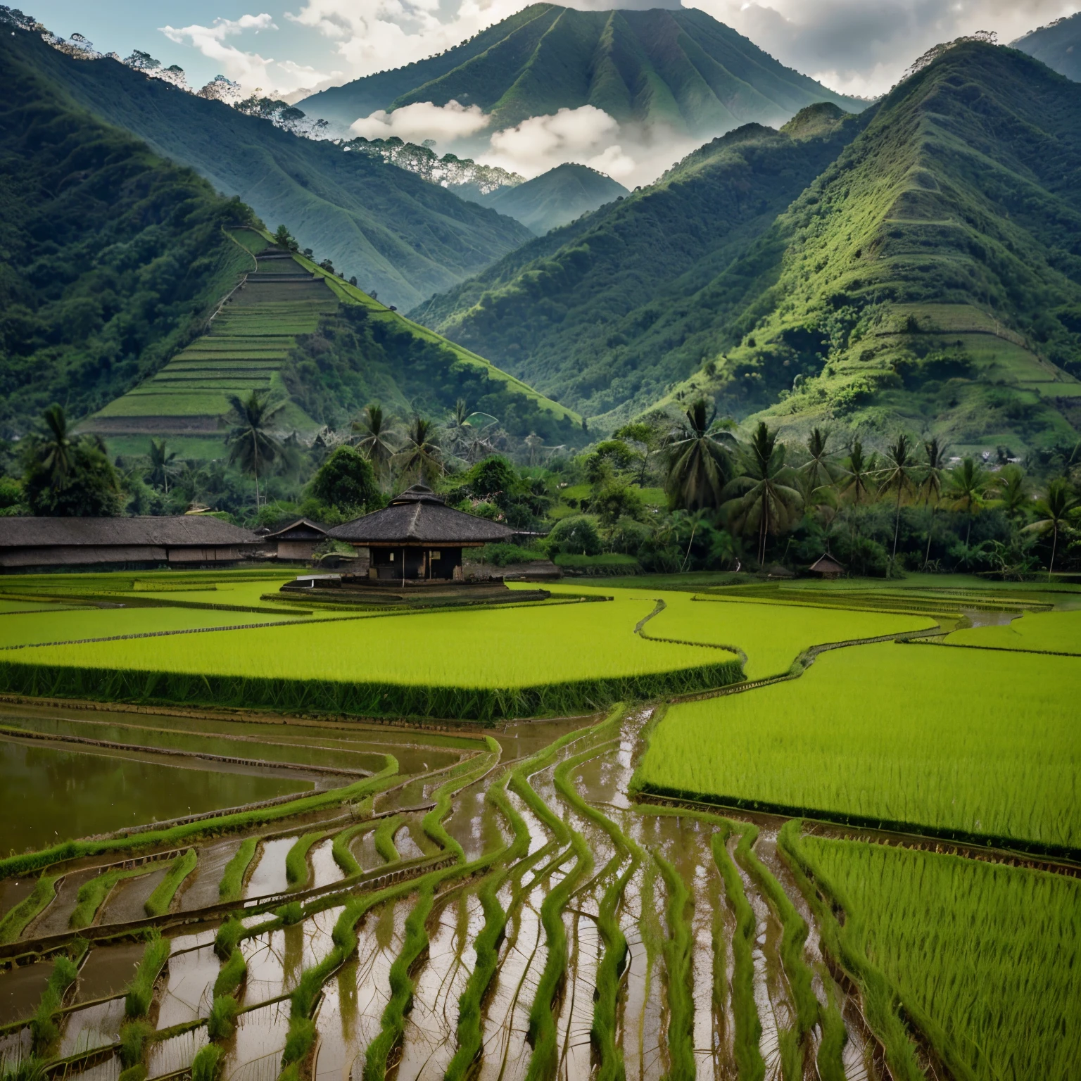 rice field with a mountain in the background, indonesia national geographic, rice paddies, indonesia, bali, malaysia with a paddy field, inspired by Steve McCurry, paradise in the background, mystical setting, intricate scenery, paddy fields and river flowing, sumatraism, beginner, stunning scenery, ancient indonesia, beautiful place